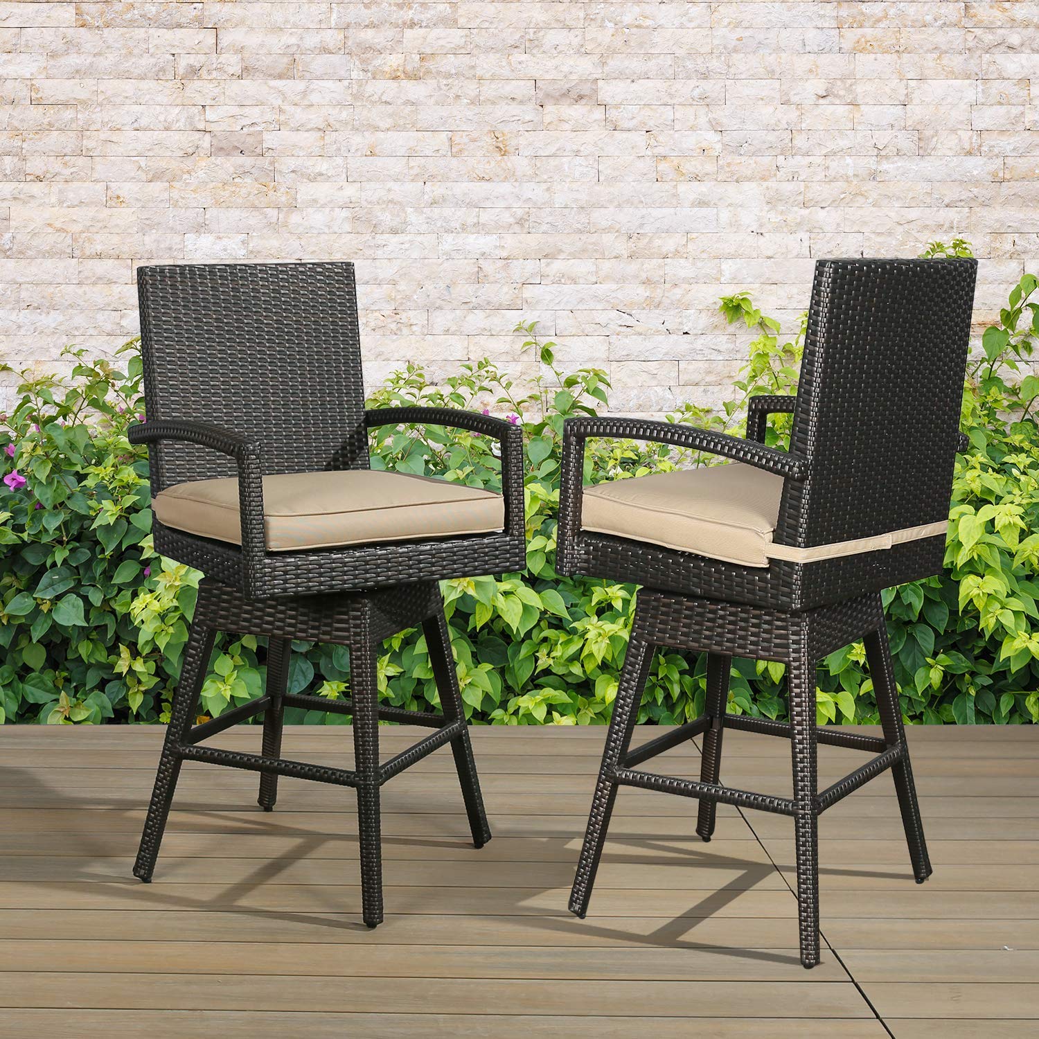 Ulax furniture 2-Pack All-Weather Brown Wicker Outdoor Patio Swivel Bar Stool with Cushion