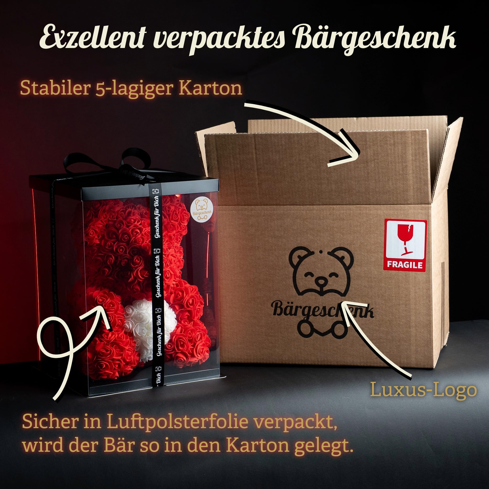 Bärgeschenk Big Classic jasnoczerwony miś 40 cm z wiecznych róż w pudełku prezentowym