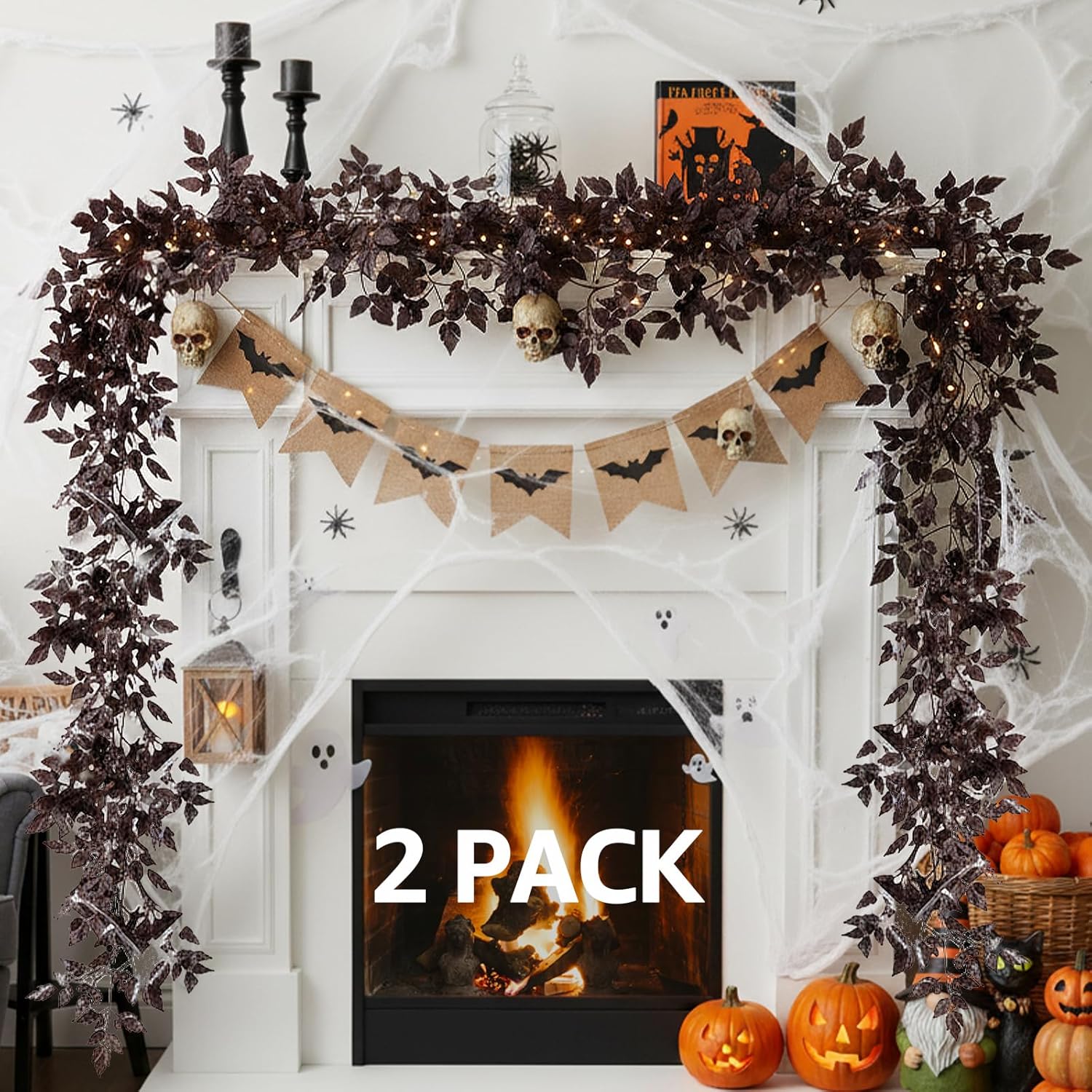 Neutral Fall Garland for Mantle Fireplace - 2 Pack 12 Ft Plum Cimicifuga Seeded Leaf Garlands Purple Autumn Décor Table Decorations for Home Indoor Door Halloween Realistic Leaves Garlands Outdoor