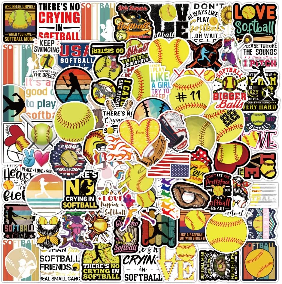 100PCS Softball Stickers, Vinyl Waterproof Sports Sticker, Water Bottles Laptop Car Decal, Gifts for Softball Fans, Kids, Teens, Adults