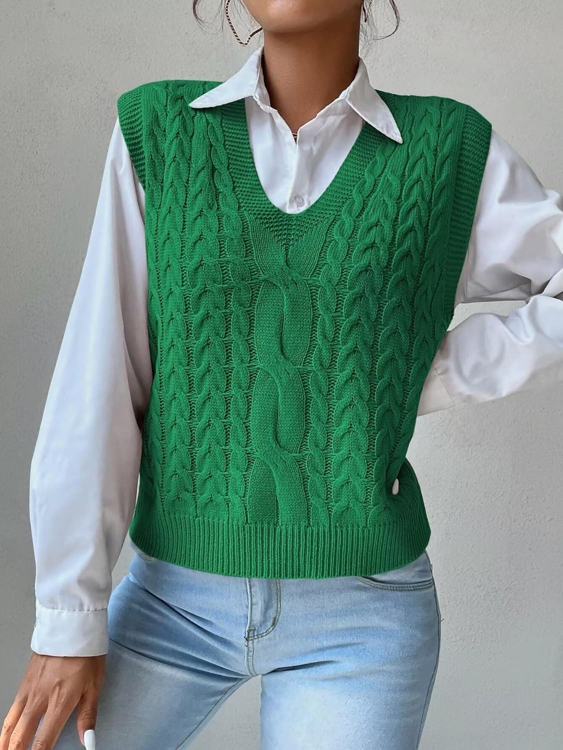 Womens Sweater Vest Cable Knit Casual V Neck Ribbed Preppy Pullover Tops Sleeveless - Image 4