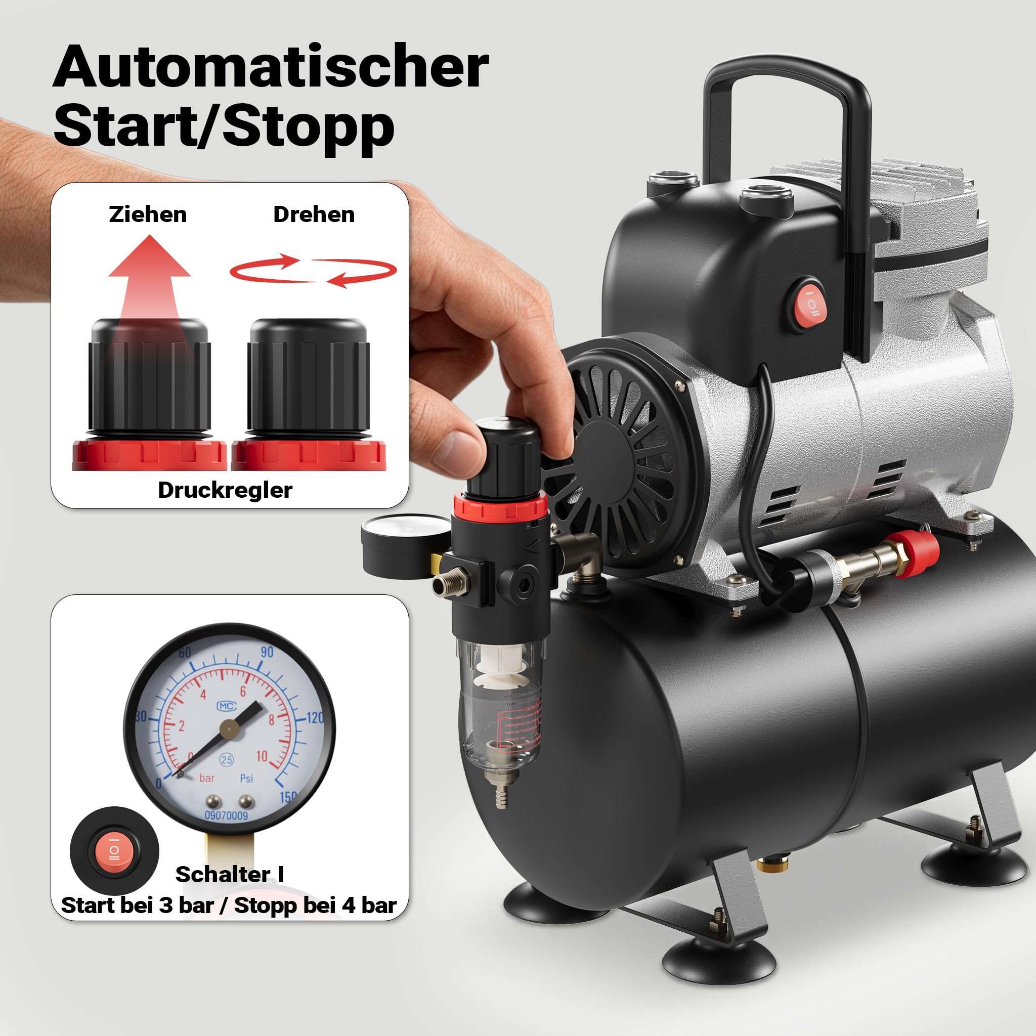 Wiltec Airbrush Einzylinderkolbenkompressor AF189 mit Lufttank, max. 6 bar Druck, Druckminderer, Wasserabscheider, Manometer, für Modellbau, Nailart, Tattoos