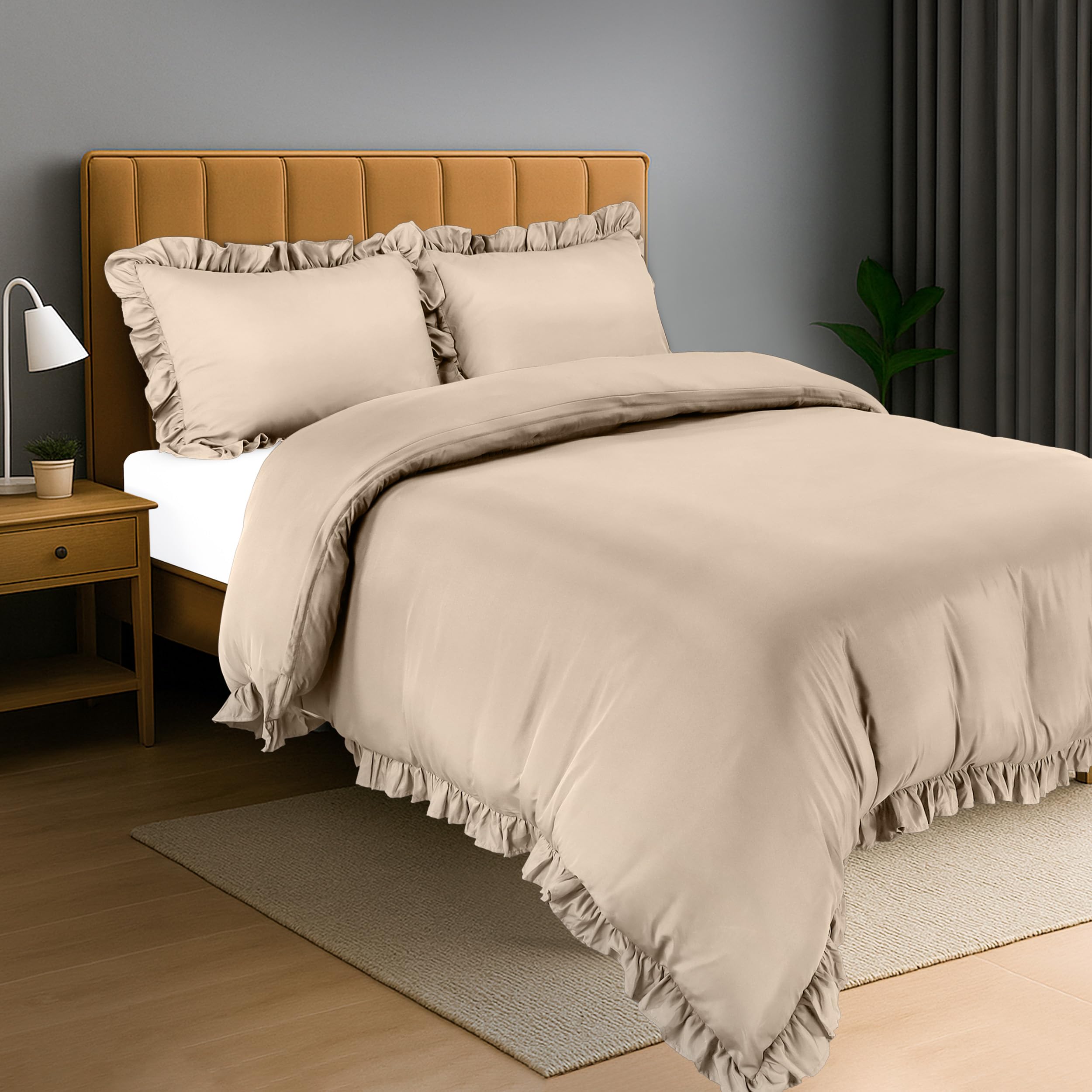 Utopia Bedding Ruffle Duvet Cover Set - Duvet Cover Double with Pillowcases - Soft Microfibre Polyester Ruffle Bedding (Beige)