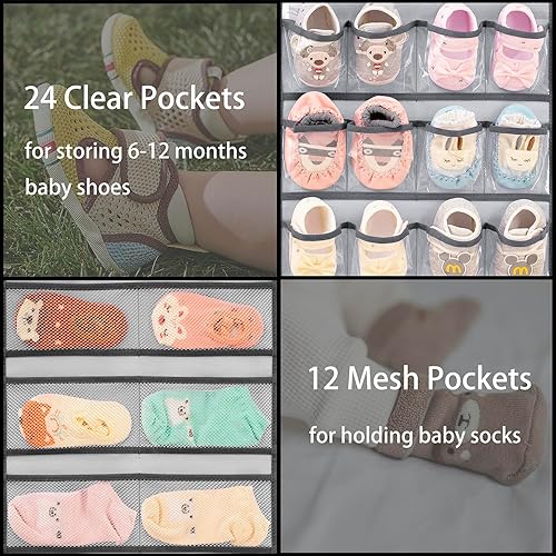 Miniatura 5 de Organizador de zapatos de bebé colgantes de doble cara para armario, soporte de almacenamiento de zapatos para niños con lazo y ropa interior (gris)