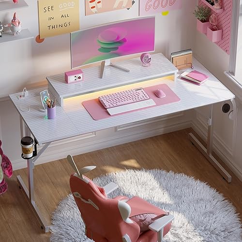 Miniatura 71 de Bestier Escritorio para juegos de 42 pulgadas con luces LED, mesa de juegos para computadora pequeña con estante para monitor, escritorio para Fibra