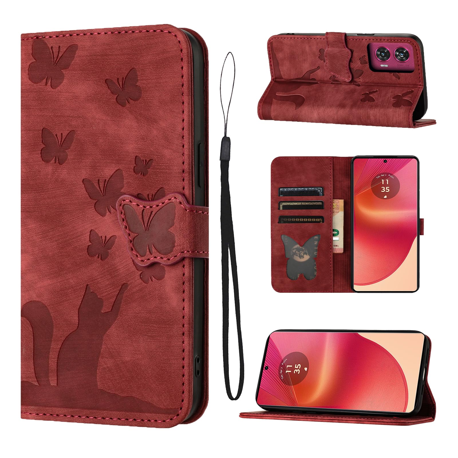 LSPCASA Phone Case For Motorola Edge 50 Fusion 5G 6.7 inch Premium PU Leather Material Edge 50 Fusion Case With Card Slots Cat Butterfly Pattern Edge 50 Fusion Phone Cases