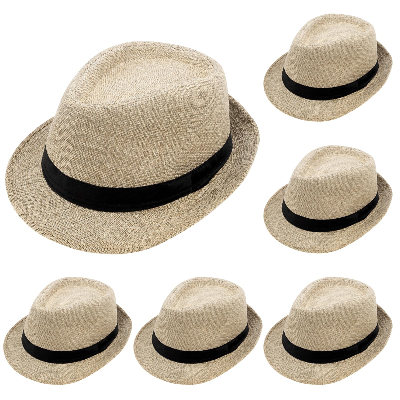 6 Pack Short Brim Fedora Hats, Panama Straw Hats Bulk for Men & Women,1920s Sun Hat Trilby Hat for Beach Party Costume (Beige)