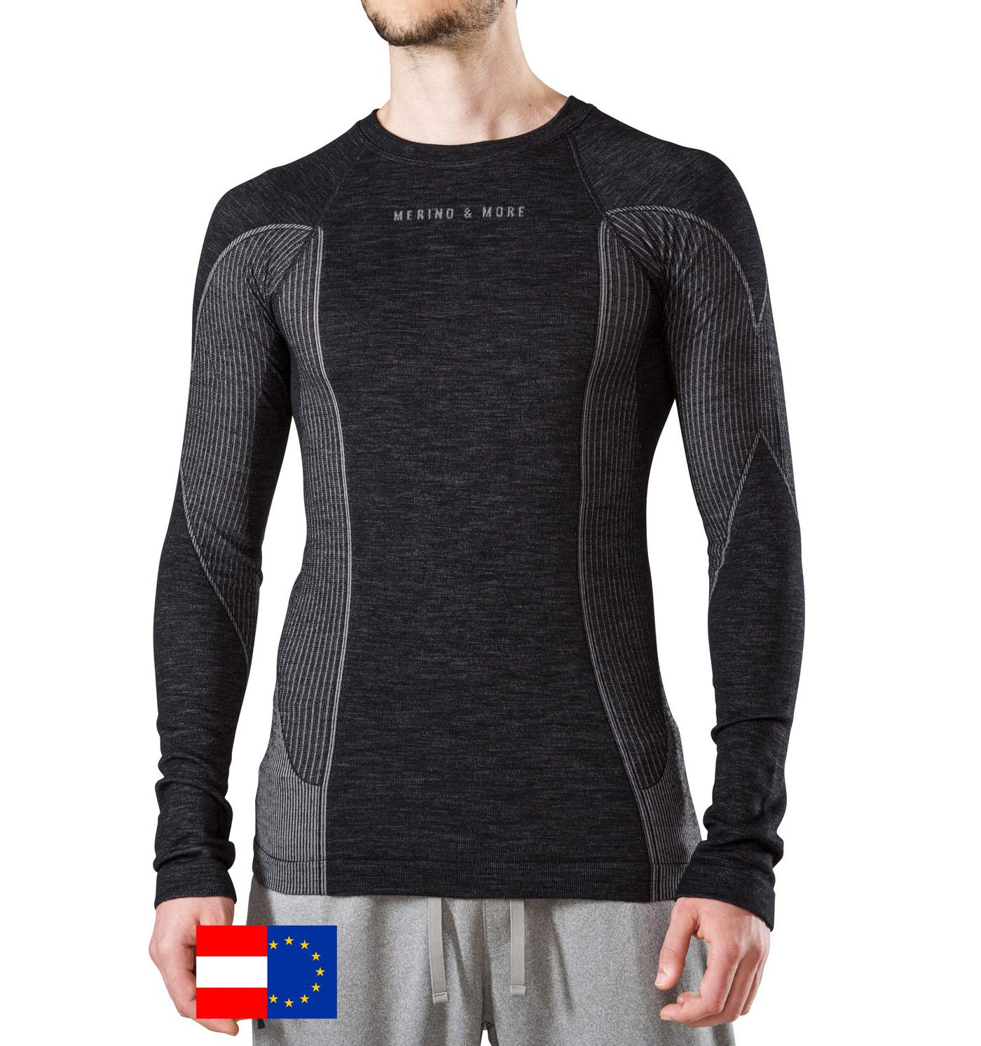 Merino & More Merino Shirt Herren Langarm - Funktionsunterwäsche Merinowolle T-Shirt lang, Schwarz-grau
