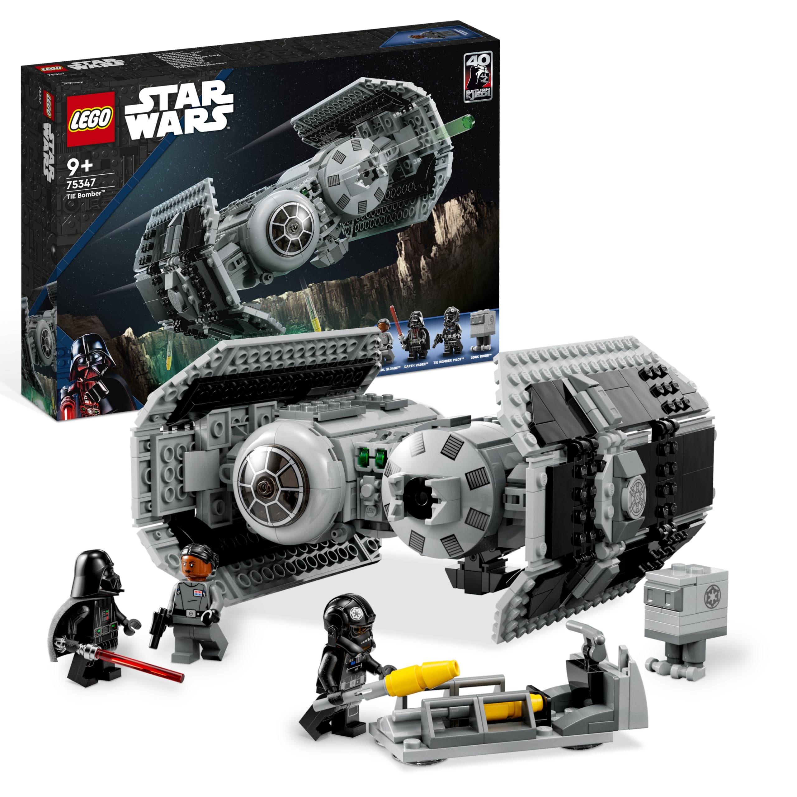 LEGO Star Wars Bombowiec TIE Model z Klocków, Zabawka dla Dziecka, Statek Gwiezdny z Minifigurką Dartha Vadera z Mieczem Świetlnym i Figurką Droida GNK, Pomysł na Prezent, 75347