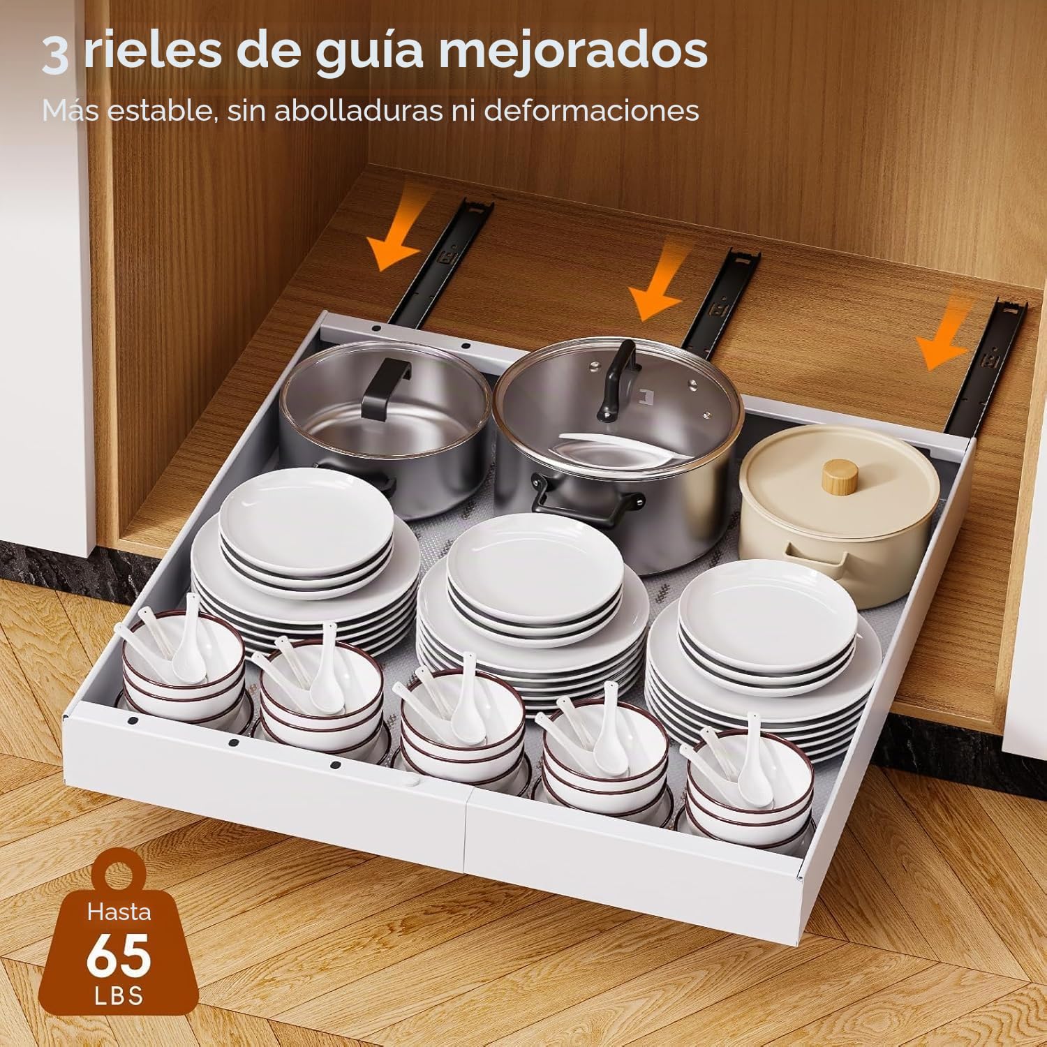 Bandejas Extraibles Armarios Cocina，Paquete de 2 Cajones Extraibles para Cocina， Bandeja Armario Telescópico Adhesivos，Cajones Deslizables y Estantes para la Despensa, Ancho Ajustable de 43.5 a 68 CM