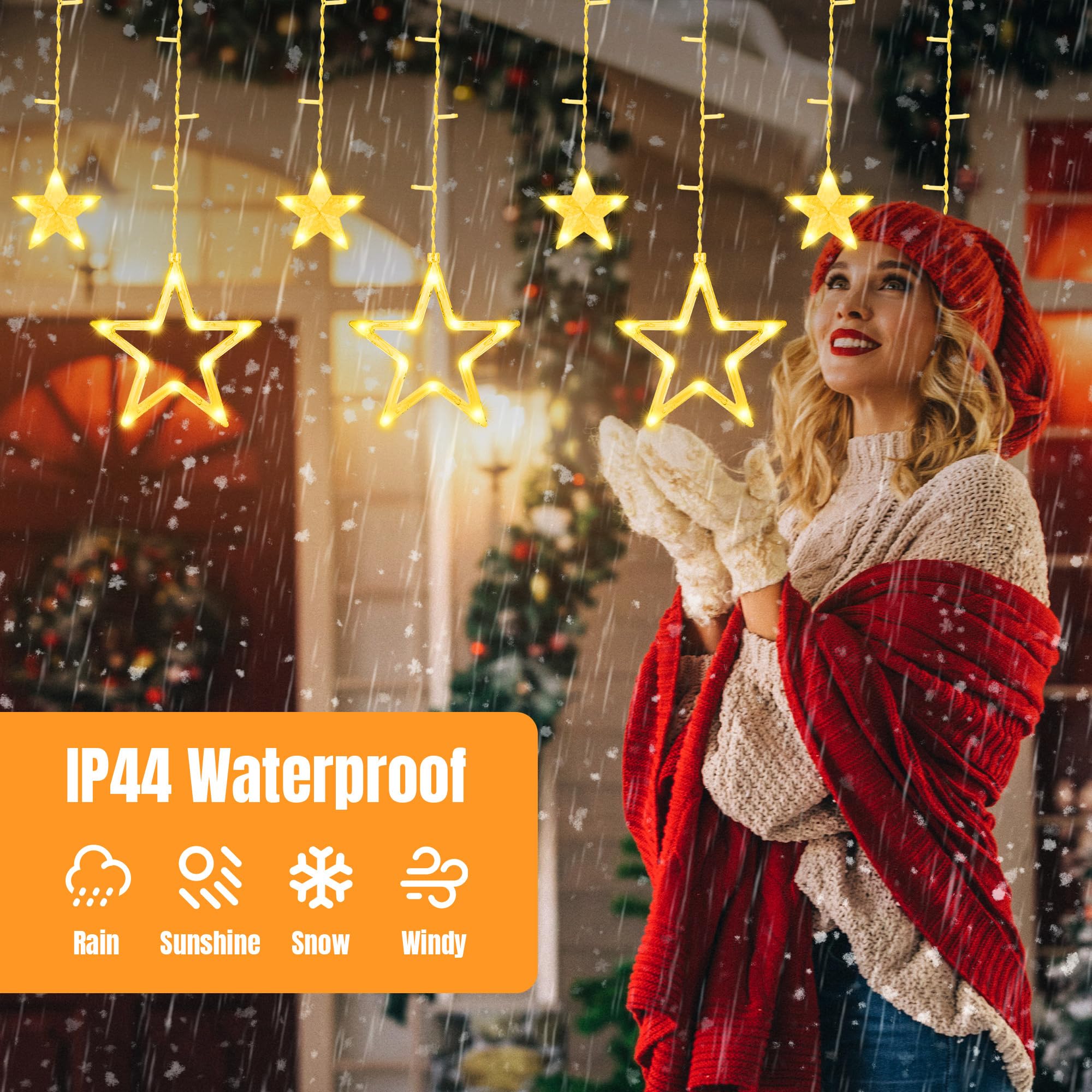 Tenda Luminosa A Stelle LED Con Spina - 2,3 M, 138 Luci Bianco Caldo, IP44, Per Interni/Esterni - 12 Stelle Grandi E Piccole