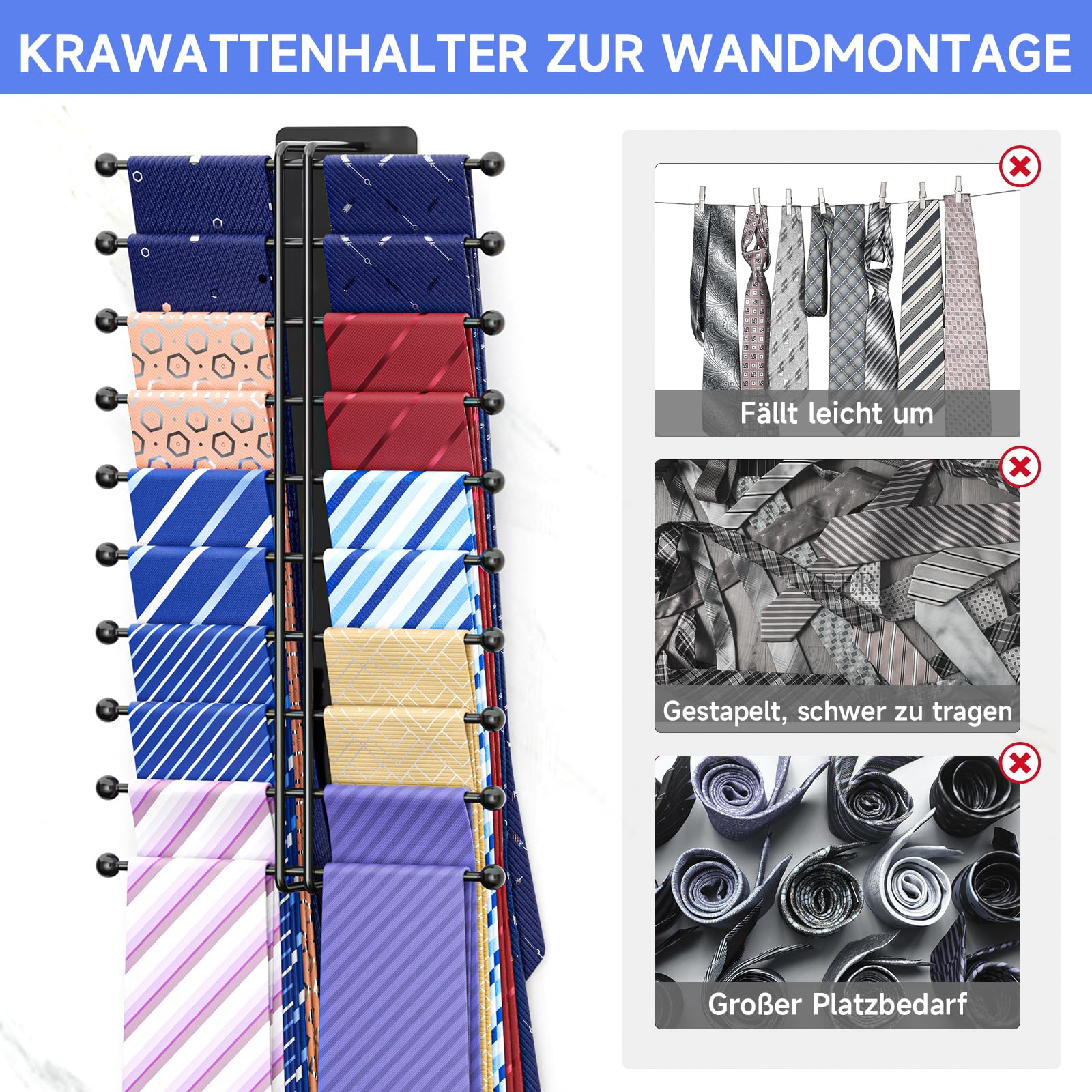 Krawattenhalter Wandmontage, Krawattenbügel für Männer, Krawattenhänger für Kleiderschrank Metall, Selbstklebender Krawatten Aufbewahrung für Krawatten, Gürtel, Schals, Accessoires (Schwarz)