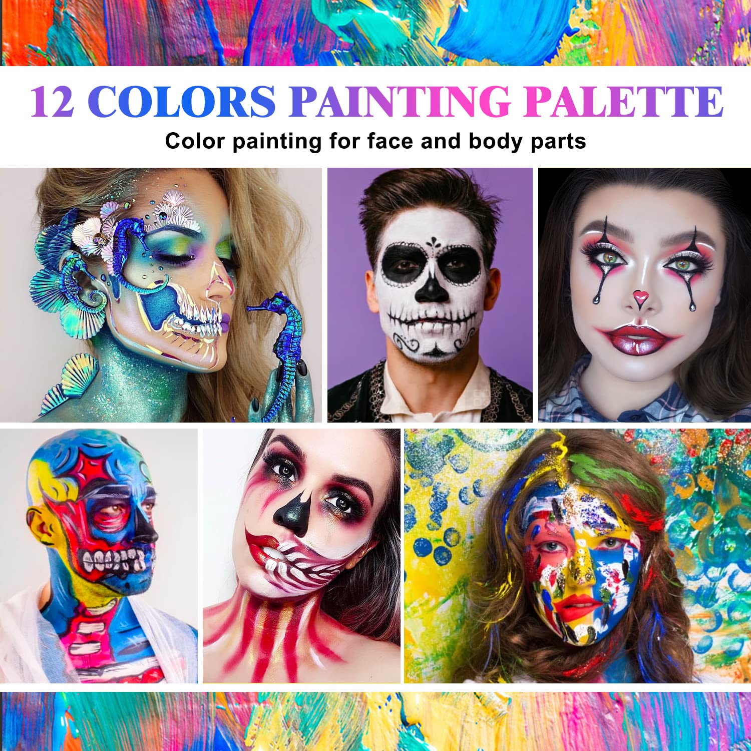 Kit De Pintura Facial 12 Colores Con Pinceles Y Plantillas – Maquillaje Artístico Soluble En Agua, Lavable Y Seguro Para Halloween, Cumpleaños Y Teatro