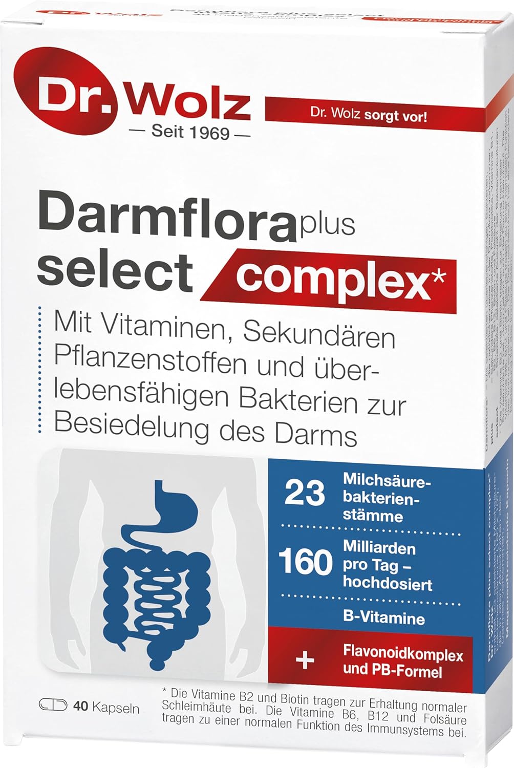 Dr. Wolz Darmflora plus select complex* – 40 capsules hoge dosis – 22 melkzuurbacteriestammen – 160 miljard bacterieculturen per dag – voor darmslijmvlies & immuunsysteem* – darmbehandeling