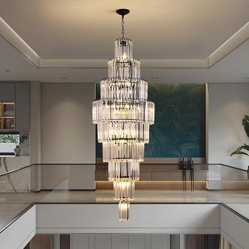 Modern Black Crystal Staircase Chandelier 9-Tier Large Foyer Chandelier for