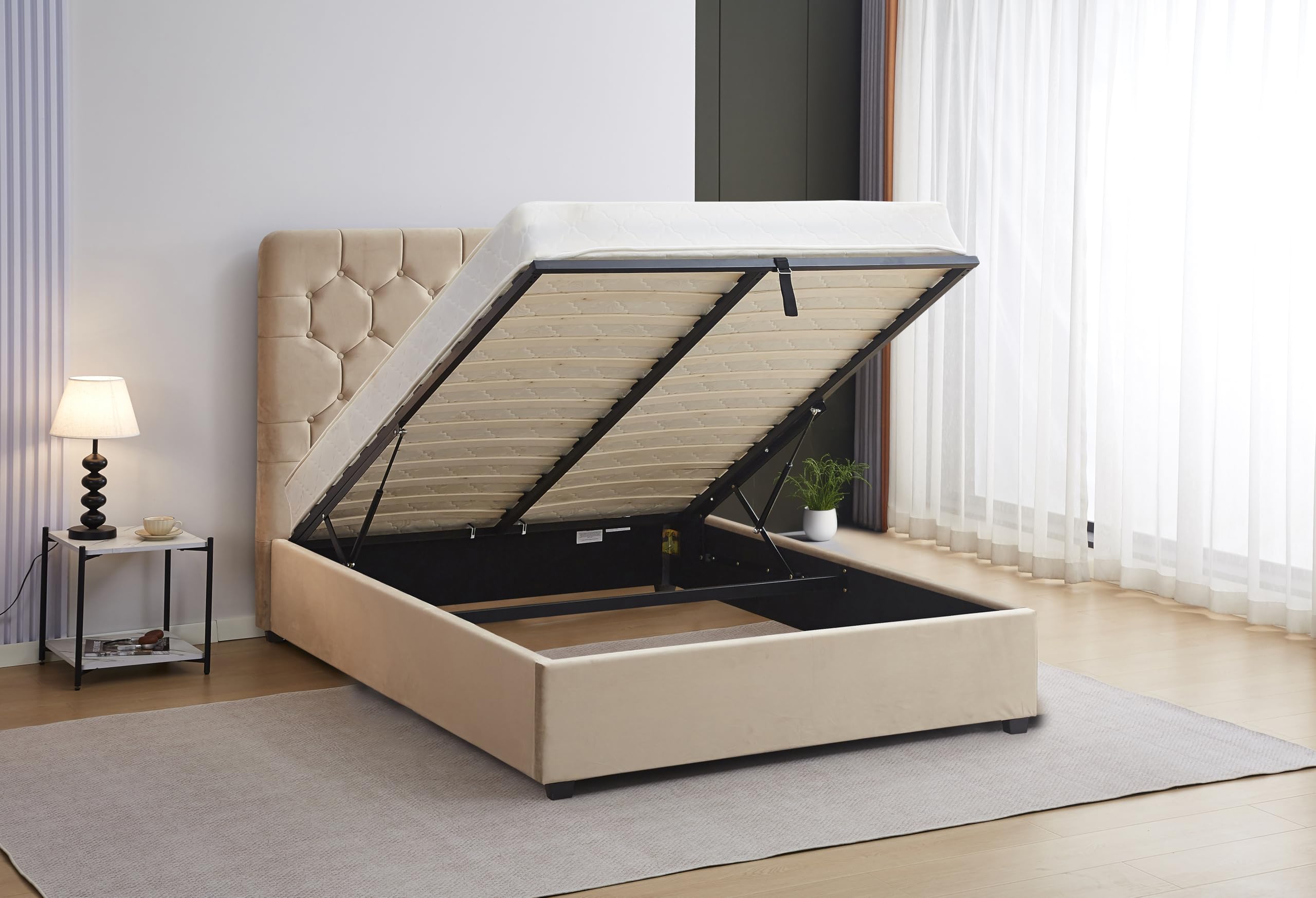 Seconique Madison 4'6" Double Ottoman Gas Lift Storage Bed in Fawn Velvet Fabric