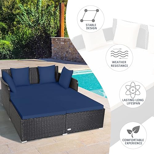 Miniatura 7 de Tangkula - Cama de día de ratán para exterior, mueble de mimbre con asiento espacioso, cojín tapizado y esponja de alta resiliencia, juego de sofá