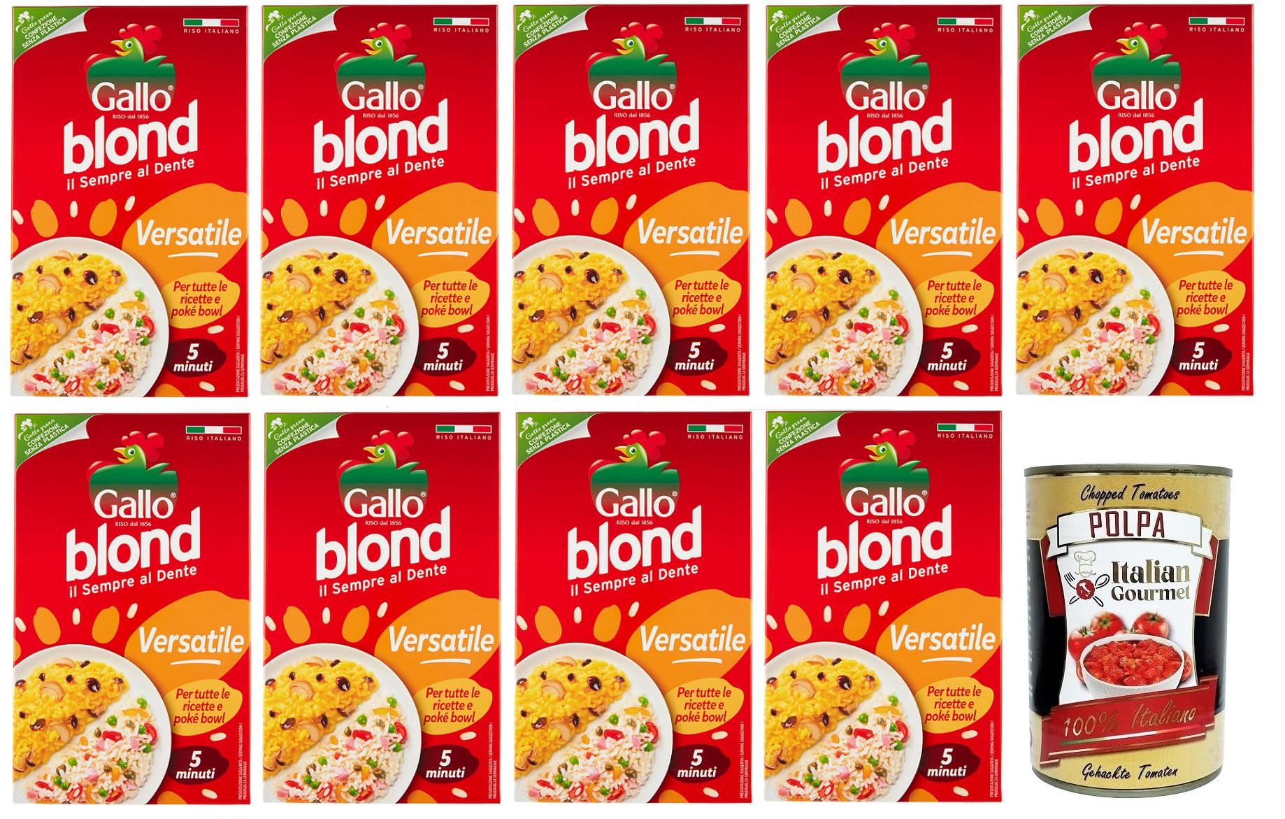 Italian Gourmet Riso Blond versatile riso italiano 9 x 1 kg, tiempo de cocción 5 min. | Pronto in pochi minuti, granulado y ligero, se adapta a ensaladas, guarniciones, peso neto total 9 kg + Polpa 400 g