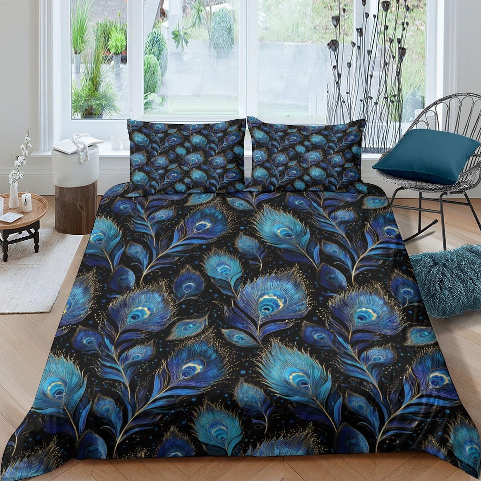 Ctjqhvkz Style-6 3D Printed Peacock Feather Fitted Sheet Microfiber Soft Blue Bed Sheet Anti-Slip Machine Washable Bedroom Decor Single（135X200cm）