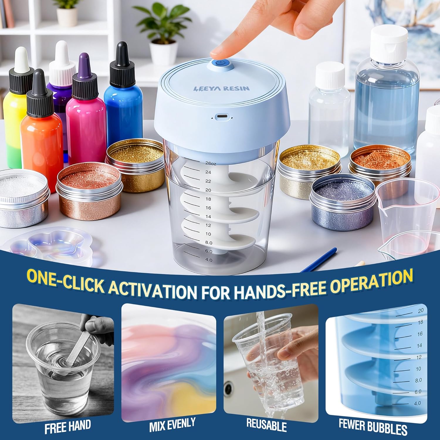 Auto Resin Mixer，Hands-Free epoxy Resin Mixer，Reduce Bubbles，Suitable for 24OZ, Resin molds, Silicone molds, and DIY Crafts