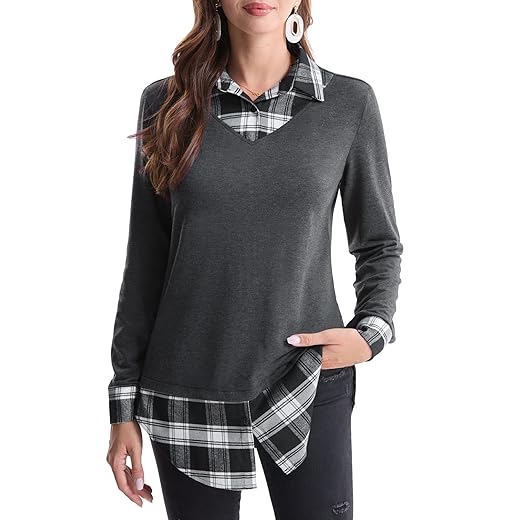DJT Women's Contrast Plaid Collar 2 in 1 Blouse Tunic Tops XL Dark Grey