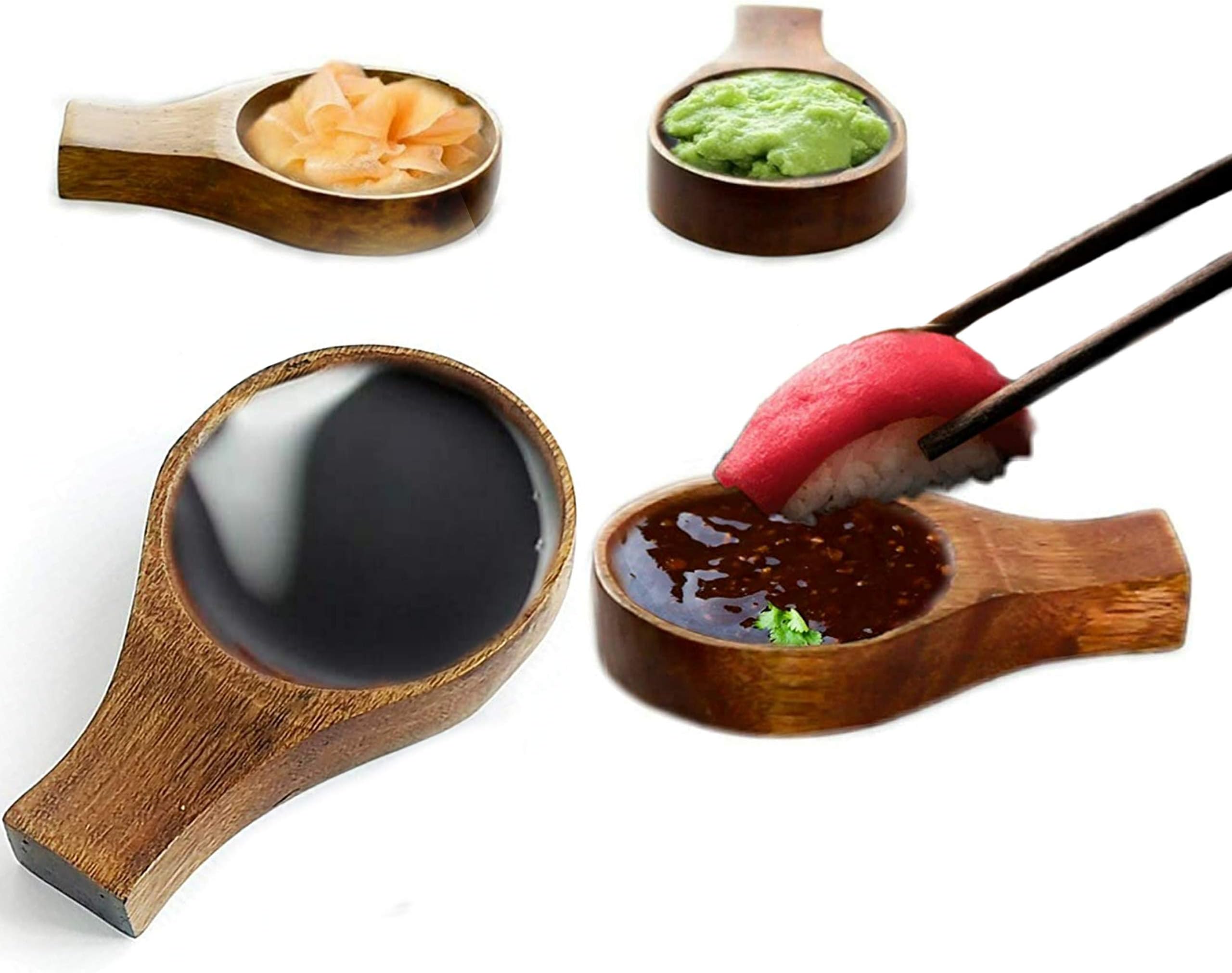 4 Pieces Wooden Chopstick Rest Set: 4 Wood Sauce Dish & Chopstciks Stand by Vallenwood. Perfect For Asian Food: Ramen, Currys, Sushi, Miso, Dipping plates.