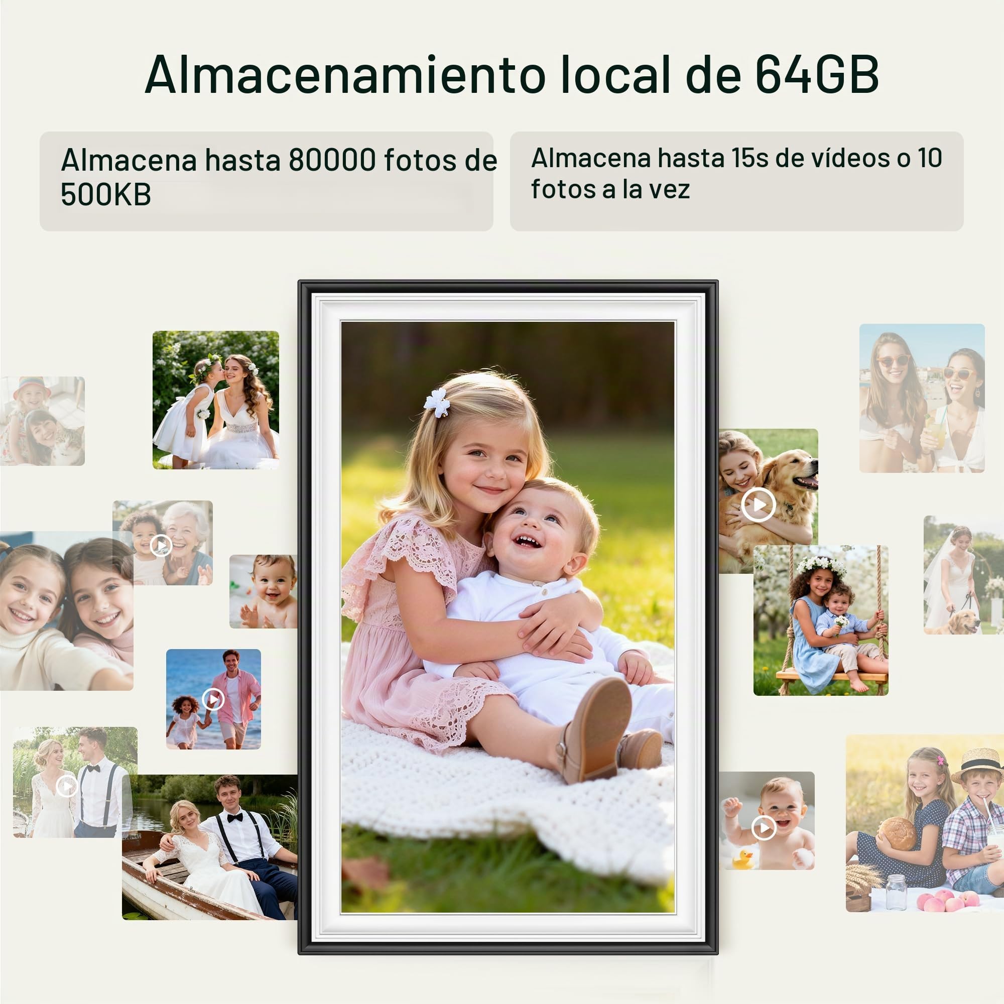 Marco de fotos digital Frameo de 64 GB de 15.6 pulgadas, WiFi, negro y blanco, pantalla táctil FHD IPS de 1920 x 1080P, marcos de fotos electrónicos grandes, rotación automática, montaje en pared