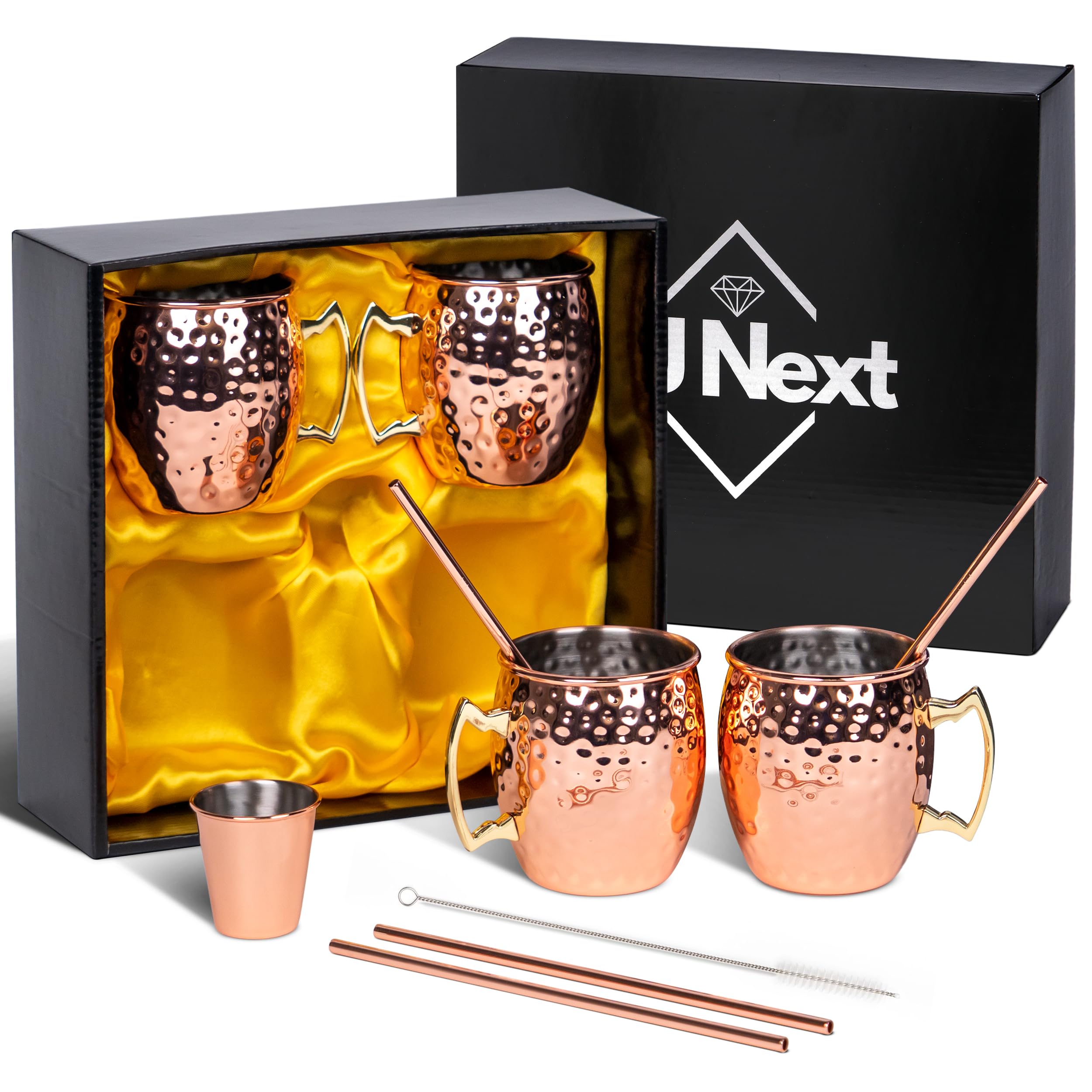 TU Next Moscow Mule Mugs - 16oz Hammered Copper Mugs Set of 4 with 4 Copper Straws, 1 Shot Glass - Cups with Stainless Steel Lining for Bars, Gift Packaging, Beers, Wines - Perfect for Drinking