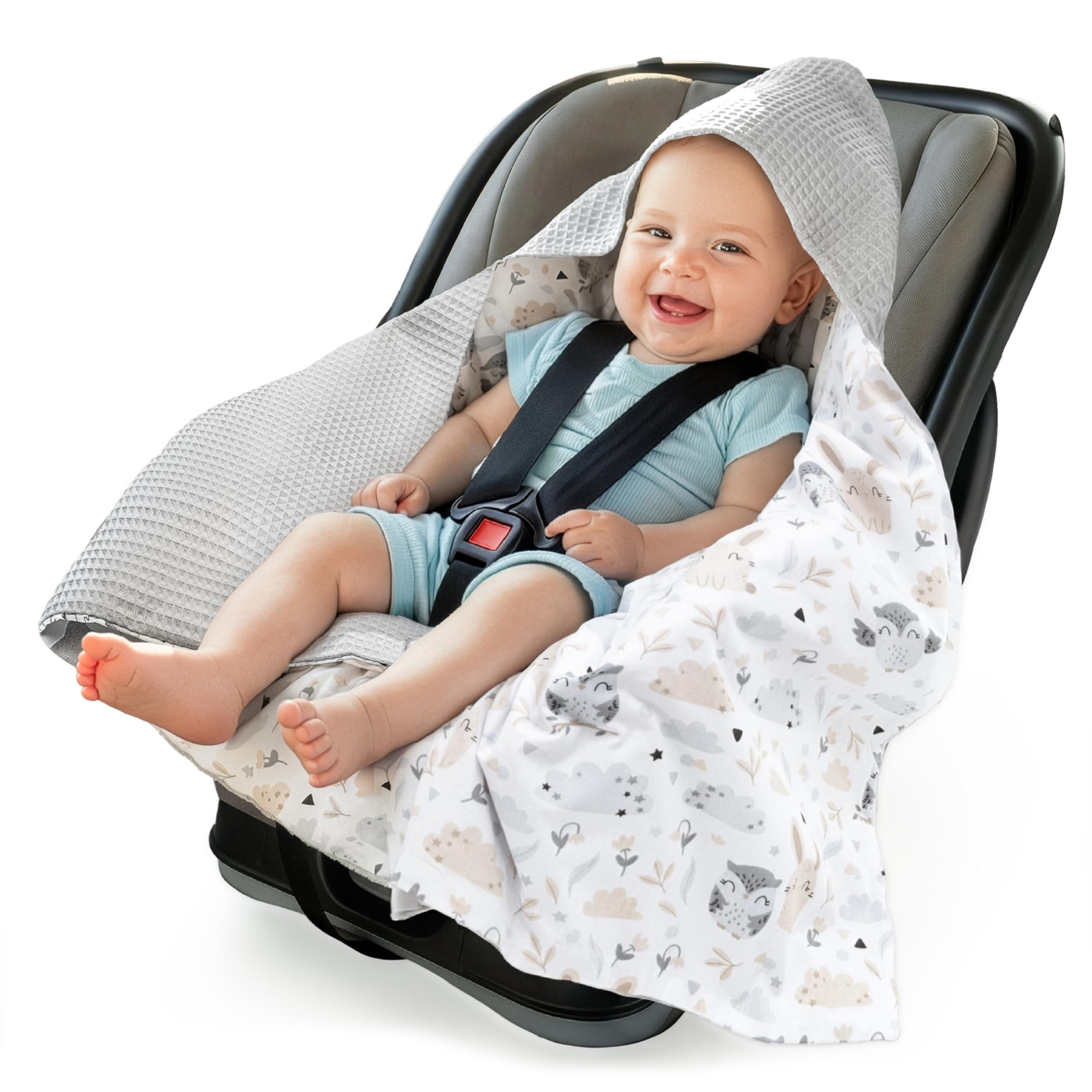 Medi Partners Swaddling Blanket Baby Seat 100% Cotton for Summer 85 x 85 cm Pram Cuddly Blanket Universal Baby Blanket Swaddling Blankets Baby Blanket Buggy Car Seat ⟮Deer with Grey Minky⟯