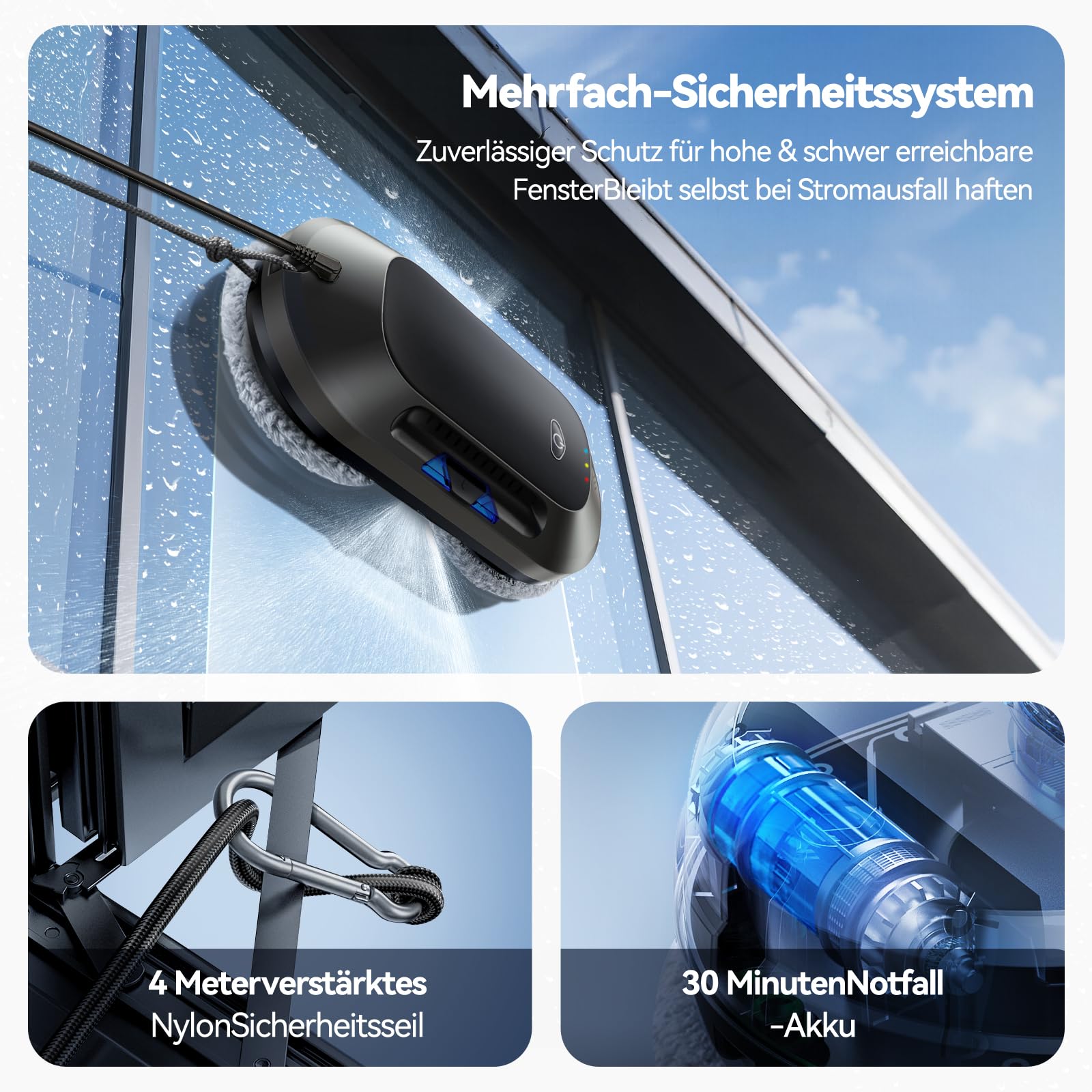 2026 Neu Fensterputzroboter mit Doppelter Düse, 6000Pa Elektrischer Fensterroboter, <65dB, Intelligente Navigation,10 Reinigungstücher Für Fenster/Fliesen zu Hause, W23D