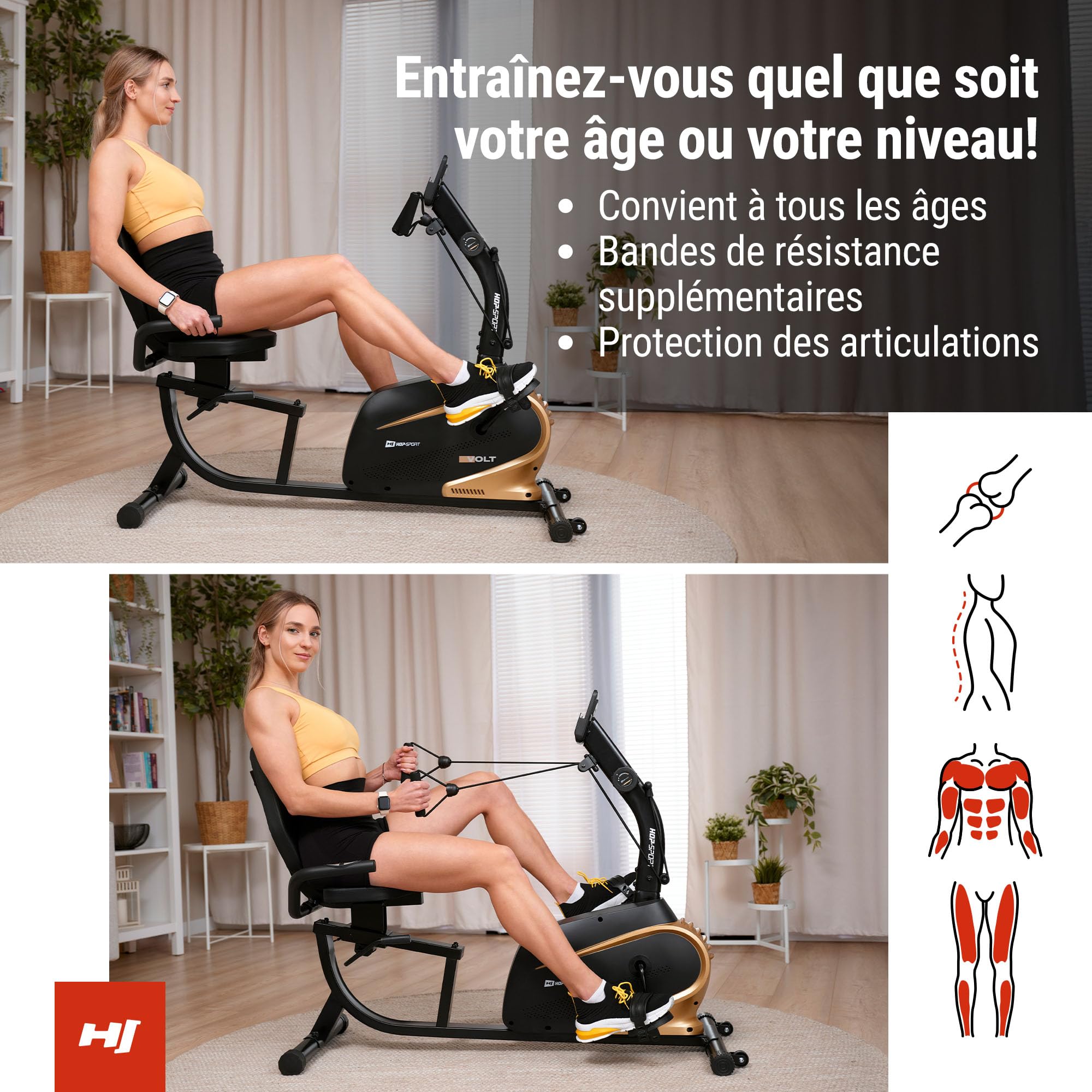 HOP-SPORT Vélo d'Appartement Semi-allongé Volt HS-045L, Résistance Magnétique 10 Niveaux, Max 110 kg
