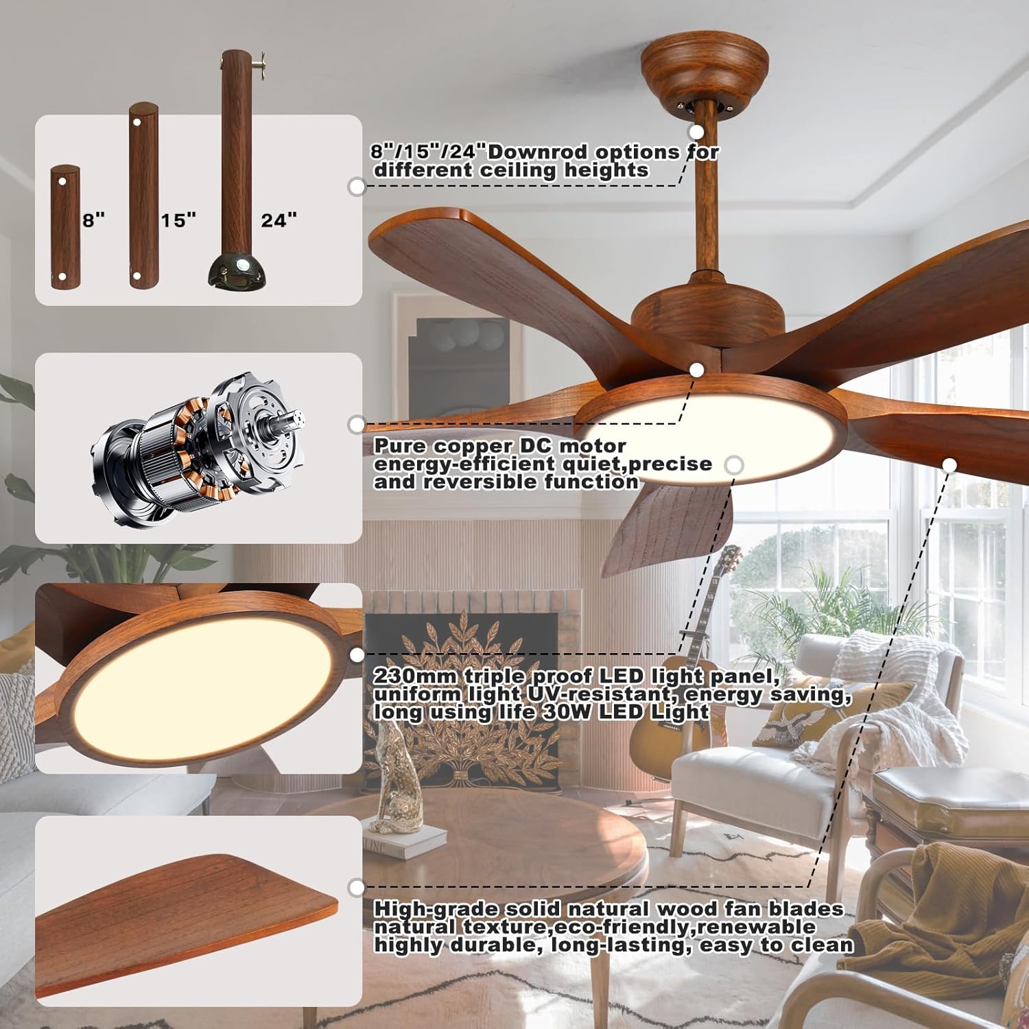 52 Inch Wood Ceiling Fan with Lights and Remote Control 5 Solid Wooden Blades Modern Farmhouse Outdoor Ceiling Fan for Patios Living Room FCC Reversible DC Motor