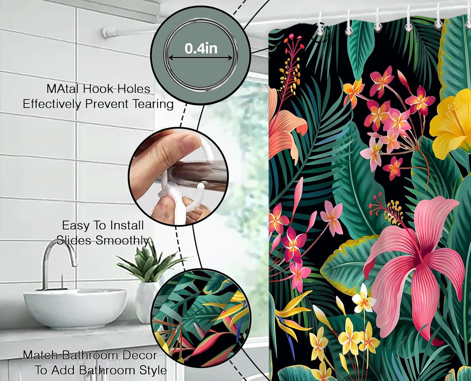 Tropical Plant Floral Shower Curtain Green Palm Banana Leaf Pink Flowers Botanical Jungle Nature Bathroom Decor Fabric Curtain with Hooks,70" WX96 H
