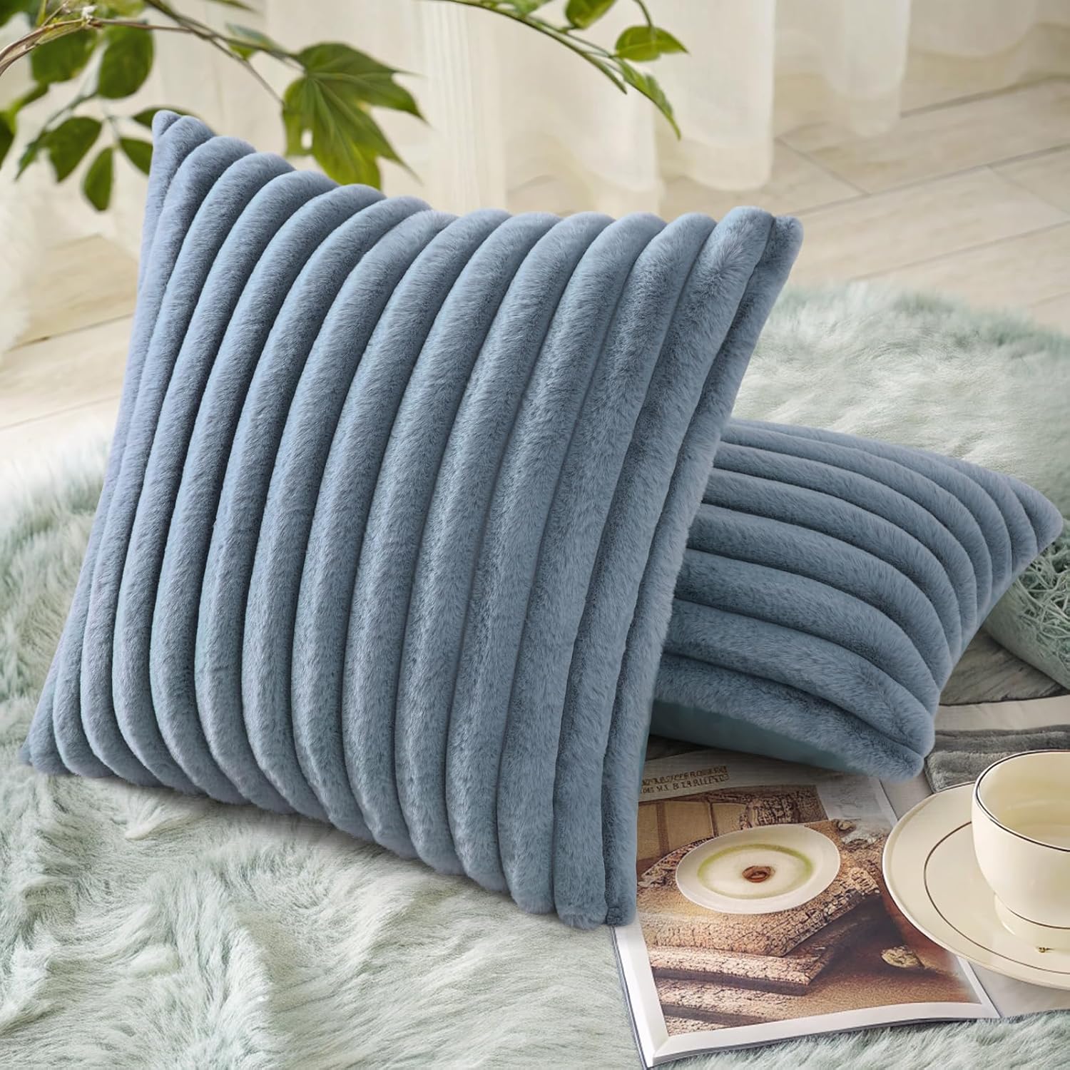 decorUhome Cozy Faux Fur Spring Throw Pillow Covers 18x18 Set of 2 Decorative Soft Plush Striped Modern Farmhouse Boho Couch Pillow Cases with Velvet Back for Sofa Bed Living Room, Grey Blue - Image 4