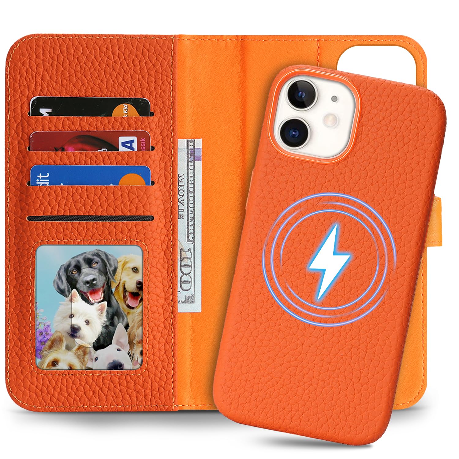 Detachable Genuine Leather Case for iPhone 11 Wallet Case Magnetic 2in1 Removable Flip Cover Book Purse Compatible with Magsafe Charging Kickstand Card Holder-Orange