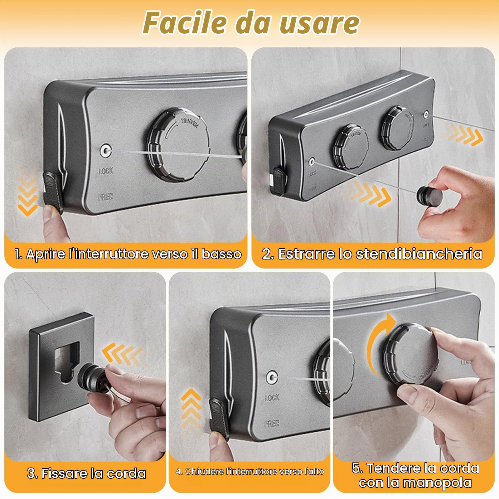 Filo per bucato allungabile, 5,1 m, montaggio a parete, in acciaio inox non appeso, filo per bucato, due fili di lino per balcone, hotel, bagno
