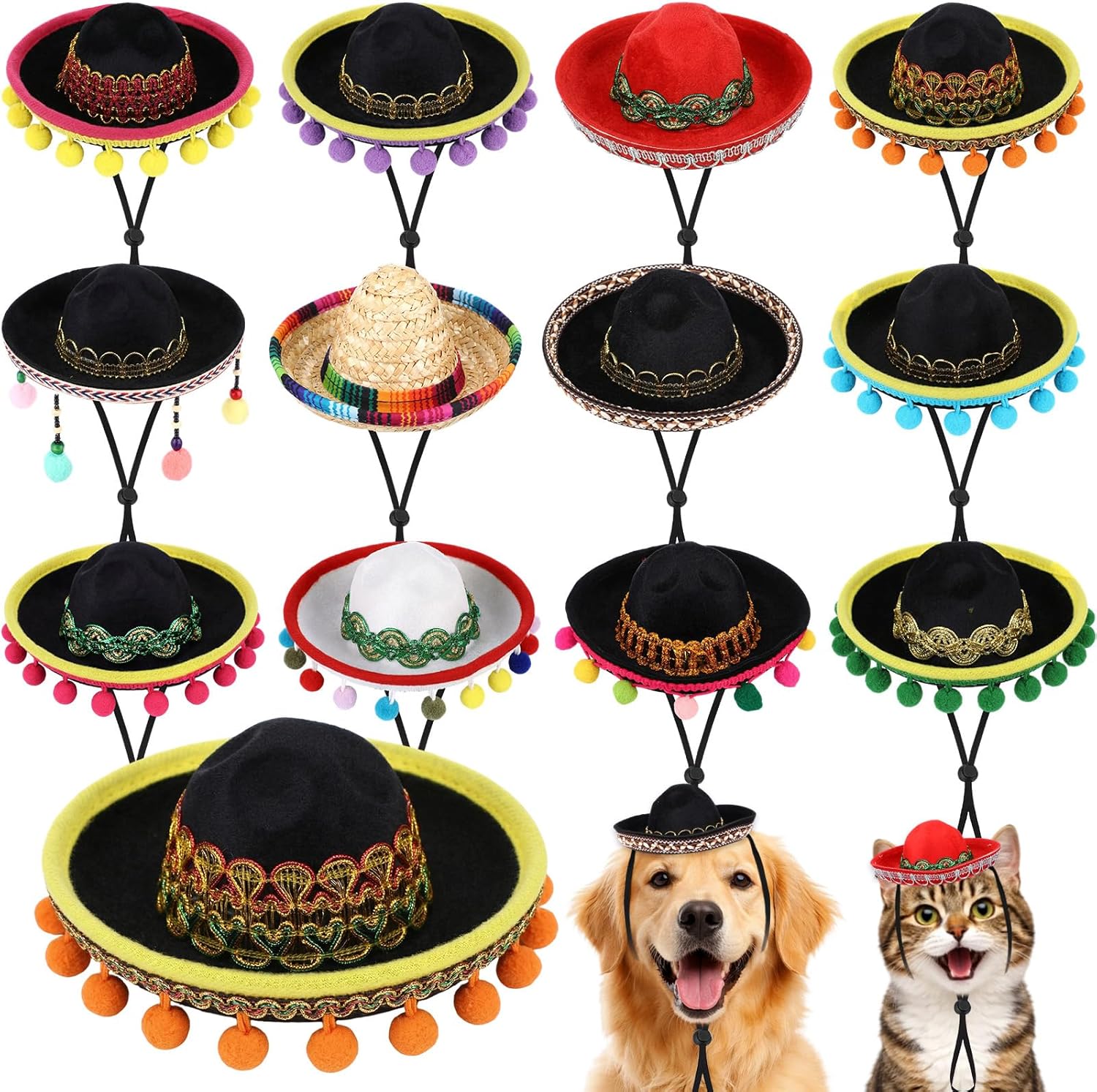 Shinylin 12 Pcs Mini Dog Sombrero Hats with Chin Strap, Small Cat Mexican Hats Bulk Fiesta Costume Headwear for Pets