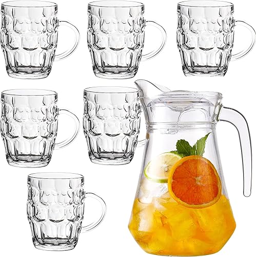 Miniatura 1 de Jarra de vidrio de 1.2 litros con tapa, juego de 6 tazas de 10.1 fl oz para agua fría caliente, café, leche, jugo de té helado, jarras de