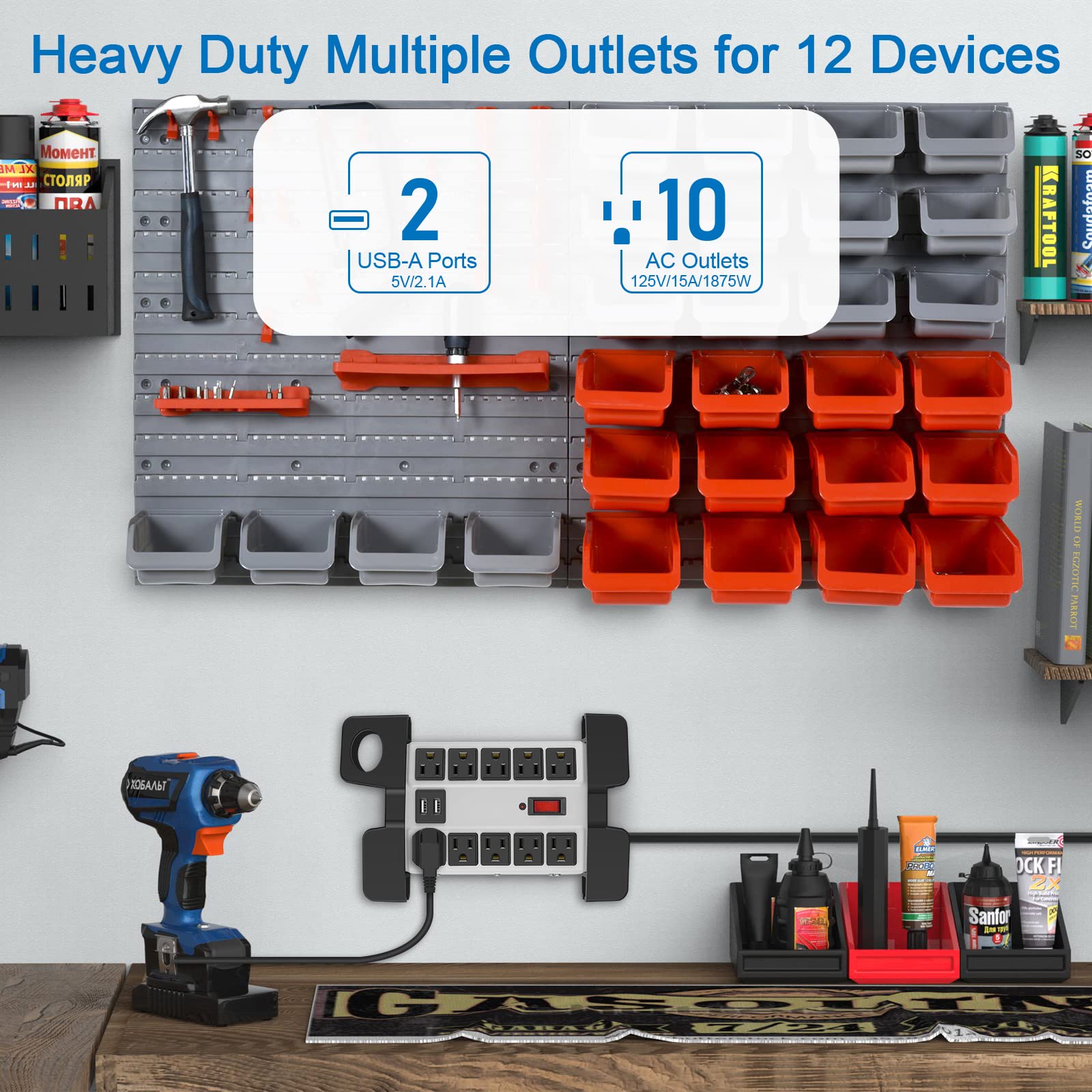 CCCEI - Regleta de alimentación resistente con puertos USB, 10 tomas, protector de sobretensiones de 2700 julios, taller industrial de metal, 15 amperios, múltiples tomas, cable de extensión