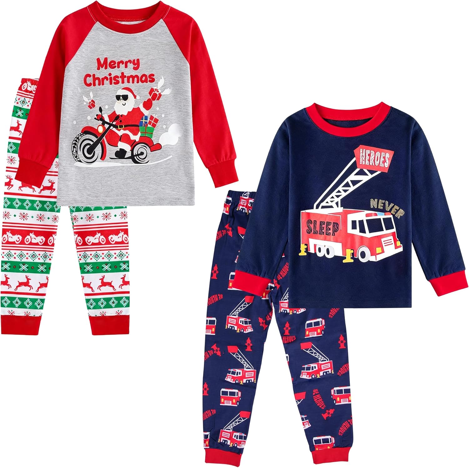 GRPSKCOS Boys Christmas Pajamas 4 Piece Toddler Kids Sleepwear Boys Long Sleeve Pajamas Winter Nightwear Age 2-12 Years