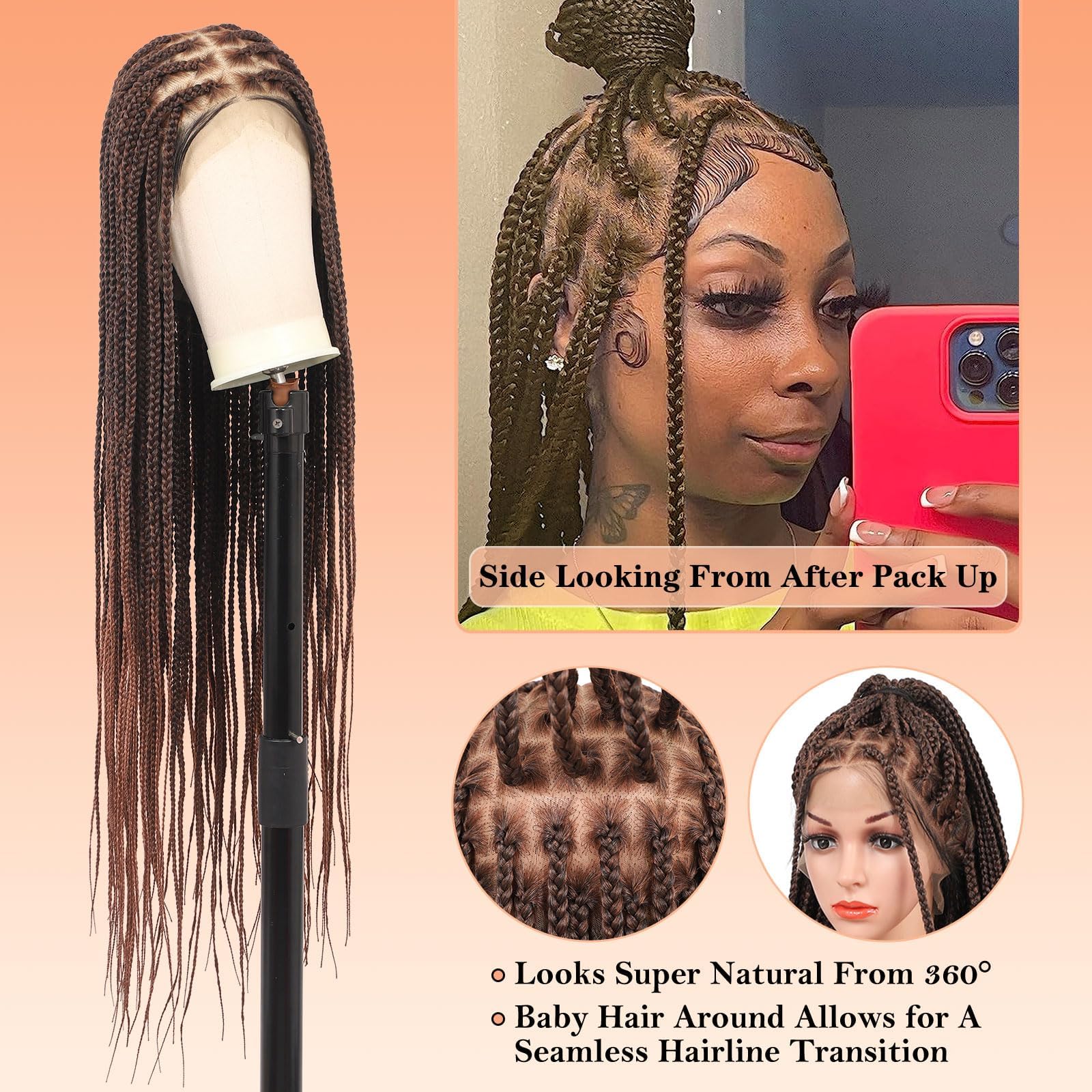 Brinbea 36 inch Braided Wigs 13X8" HD Lace Front Braided Wig for Women Brown Human Hair Blended Knotless Box Braid Wigs with Baby Hair - Image 2