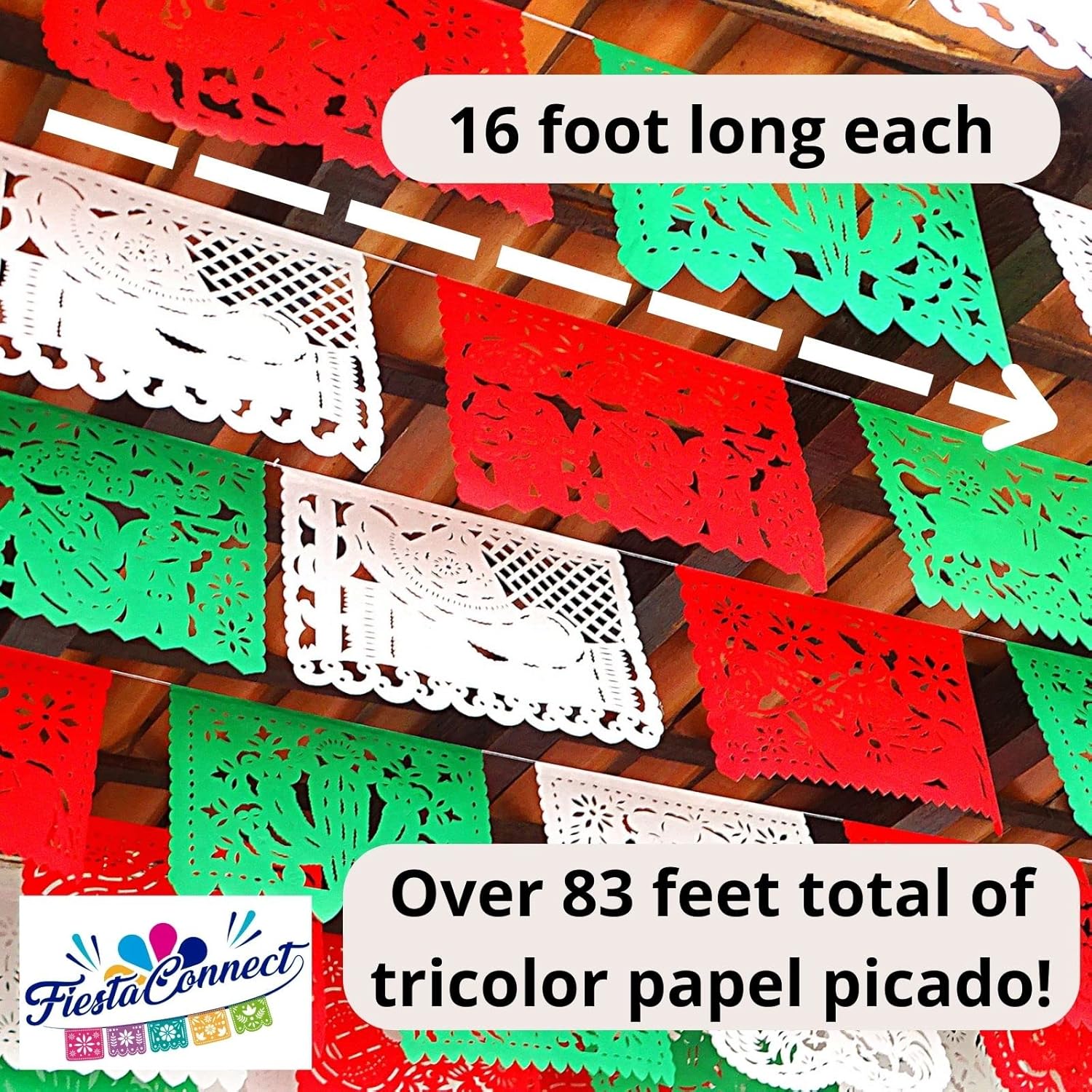 Mexican Independence Day Party Banners Tri-Color (Red, Green and White), Papel Picado for Fiestas Patrias 83 feet Total, Pre Assembled on String for Easy Hanging
