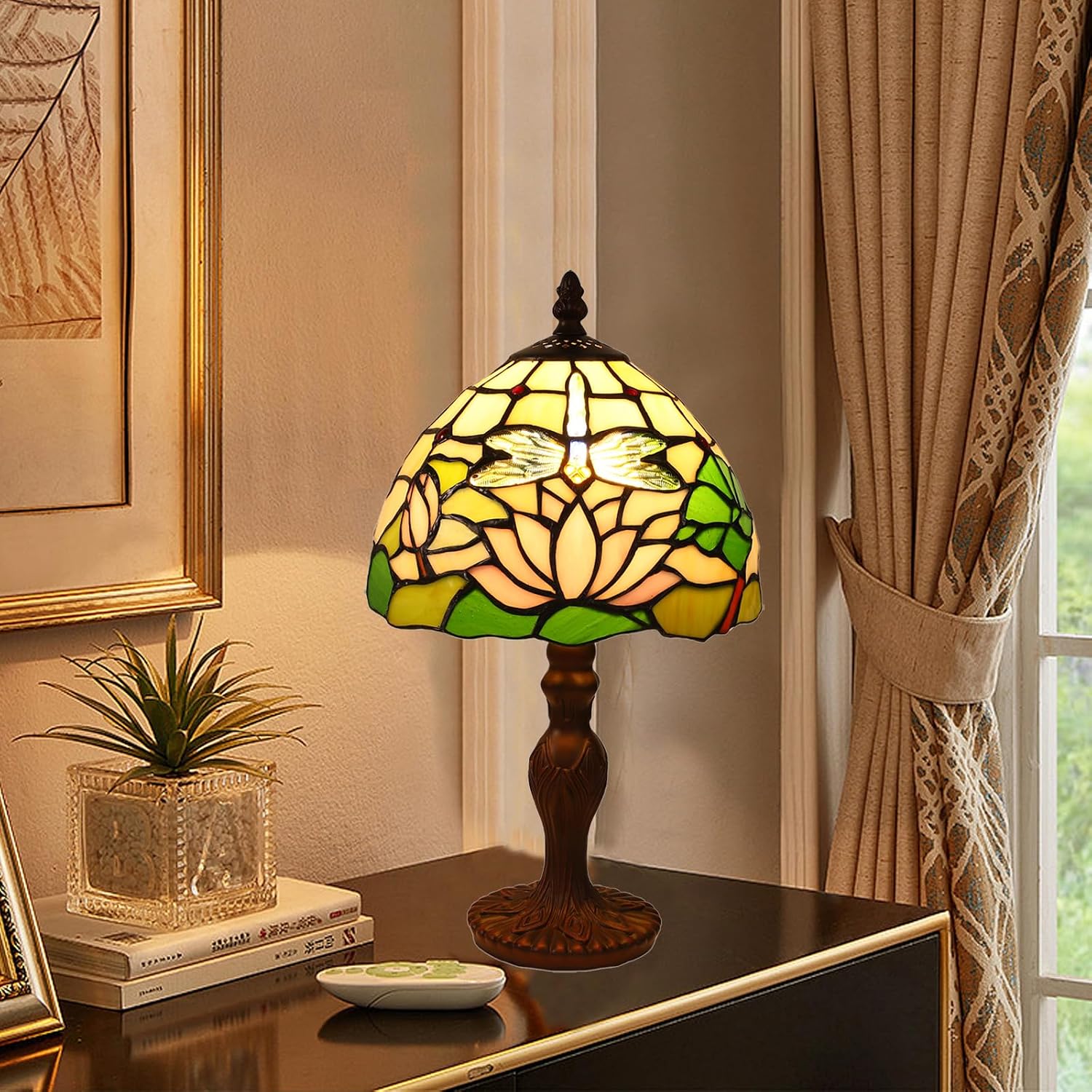 Tiffany Style Table Lamp, 8 Inch Small Antique Lamp, Stained Glass Lamp, Dragonfly and Flower Pattern, for Bedside Nightstand Bedroom Living Room Home Office, Include LED Bulb
