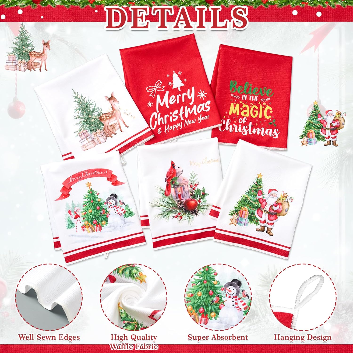 Lounsweer 6 Pcs Christmas Kitchen Towel Merry Christmas Tree Santa Snowman Bird Dishtowel Absorbent Xmas Hand Tea Towel for Holiday Bathroom Decoration Farmhouse Housewarming Gift, 15.8 x 23.6 Inch - Image 3
