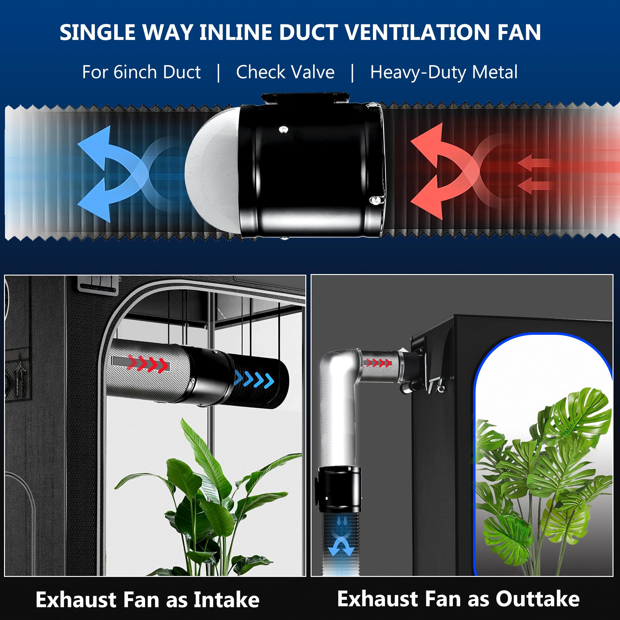 Ventilador extractor de aire de 150 mm, de alto flujo de aire, de metal con interruptor de presión, válvula antirretorno para baño, garaje, invernadero (negro)