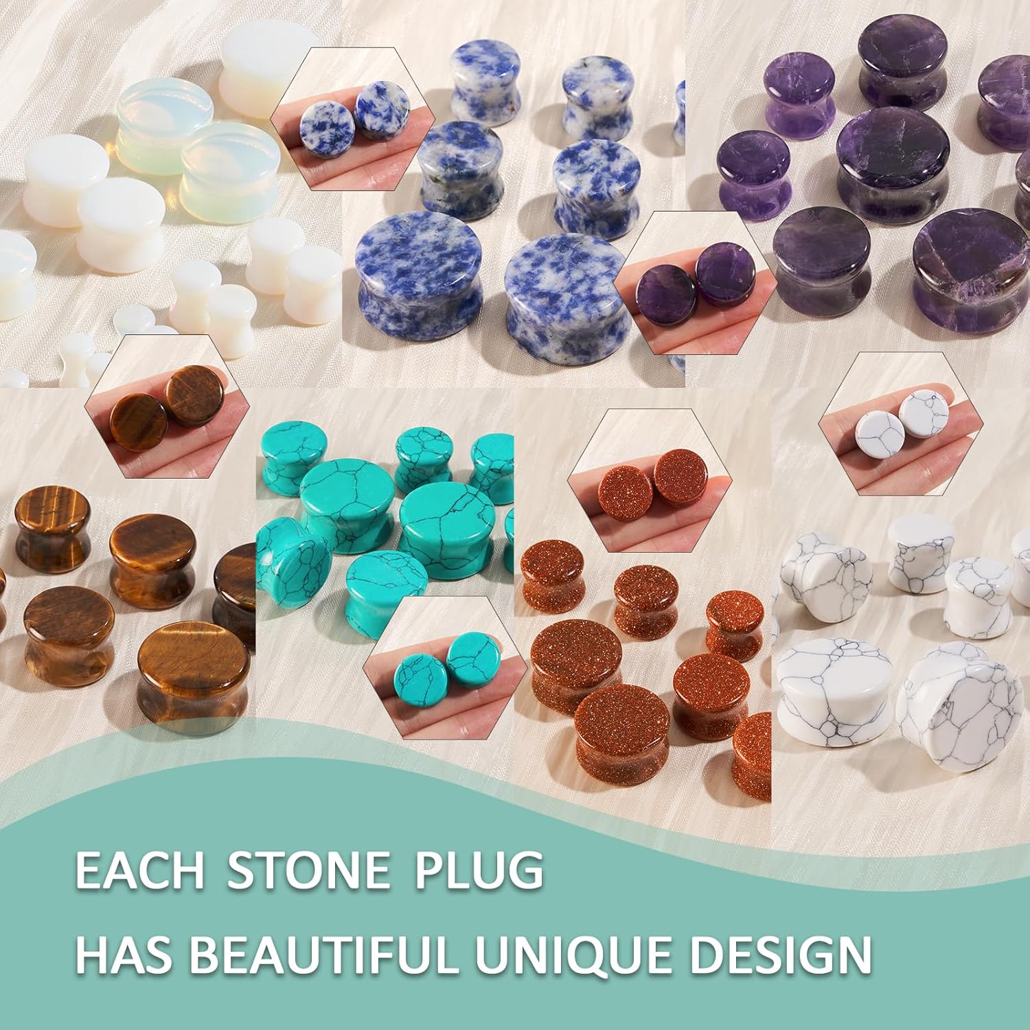 Longbeauty 20/30 Pcs Set Mixed Stone Saddle Double Flared Ear Tunnels Expander Plugs Stretcher 3MM-20MM