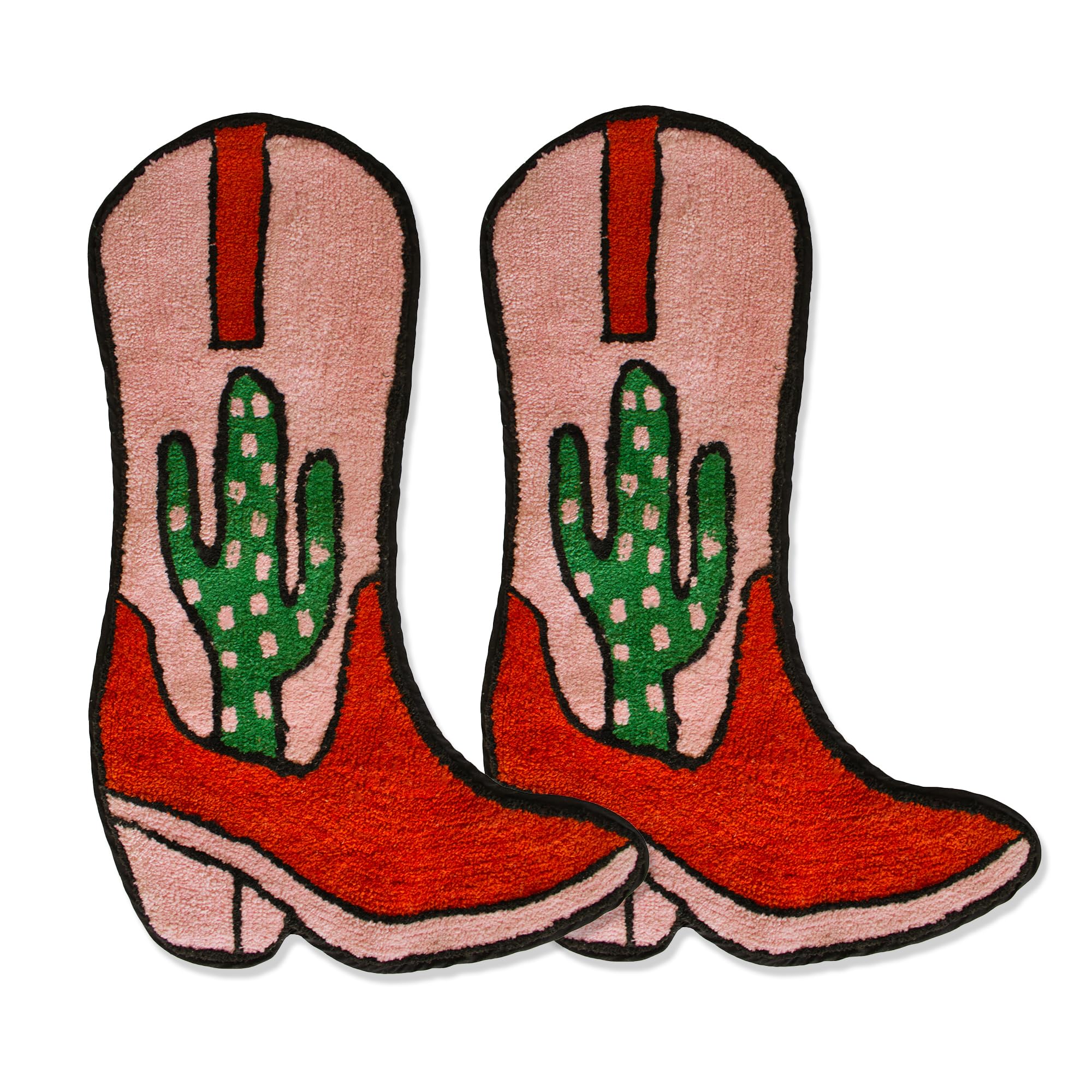 Cowboy Boot Bath Mat - Western Boot Shaped Rug with Pink, Rust, and Green Cactus Design - Water Absorbent (Boot Bath Mat 2 Pack)