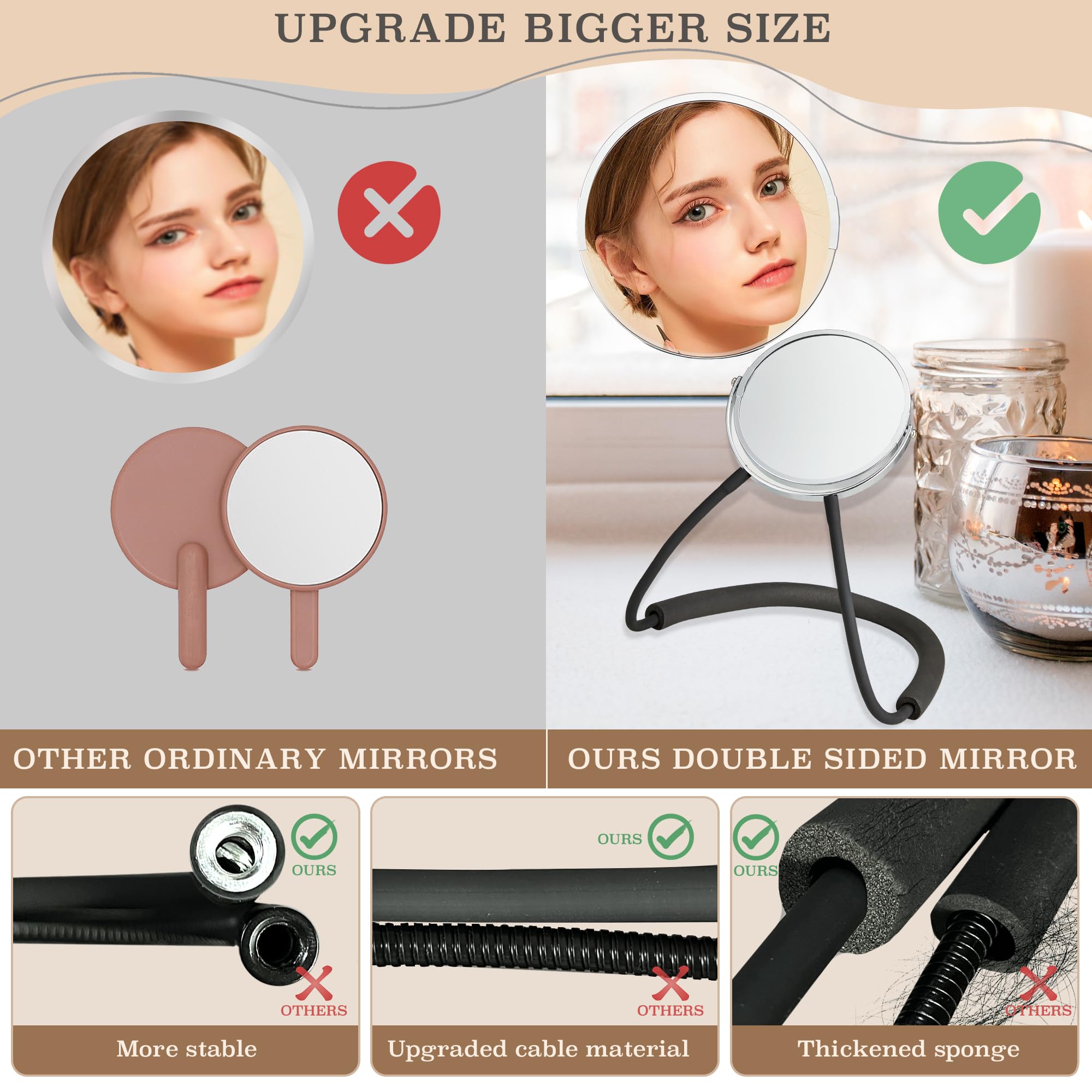 Espejo de doble cara para ver la parte posterior de la cabeza, gran tamaño de corte de pelo de 360°, espejo ajustable manos libres, visualización estándar y aumento 5X para mujeres y hombres, el brazo