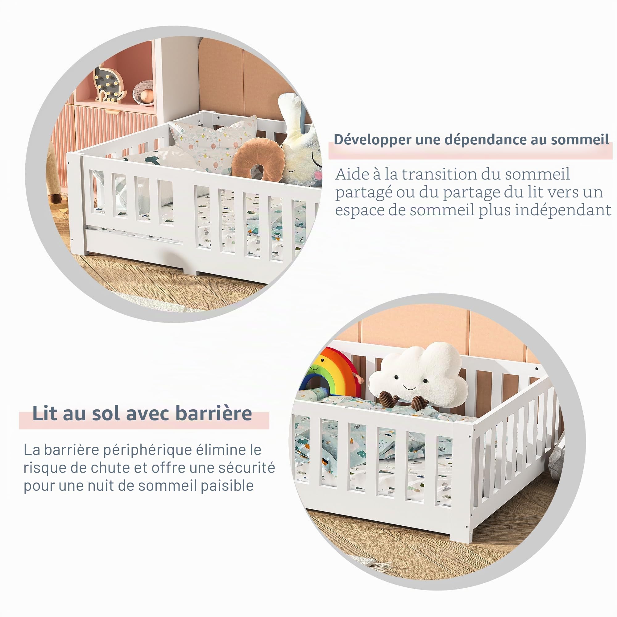 Lit Montessori Enfant 90x200 cm, Lit au Sol Enfants, Protection Chutes & Sommier à Lattes, Lits 1 Place à Barreaux pour Enfant ou Adolescent pour Fille et Garçon