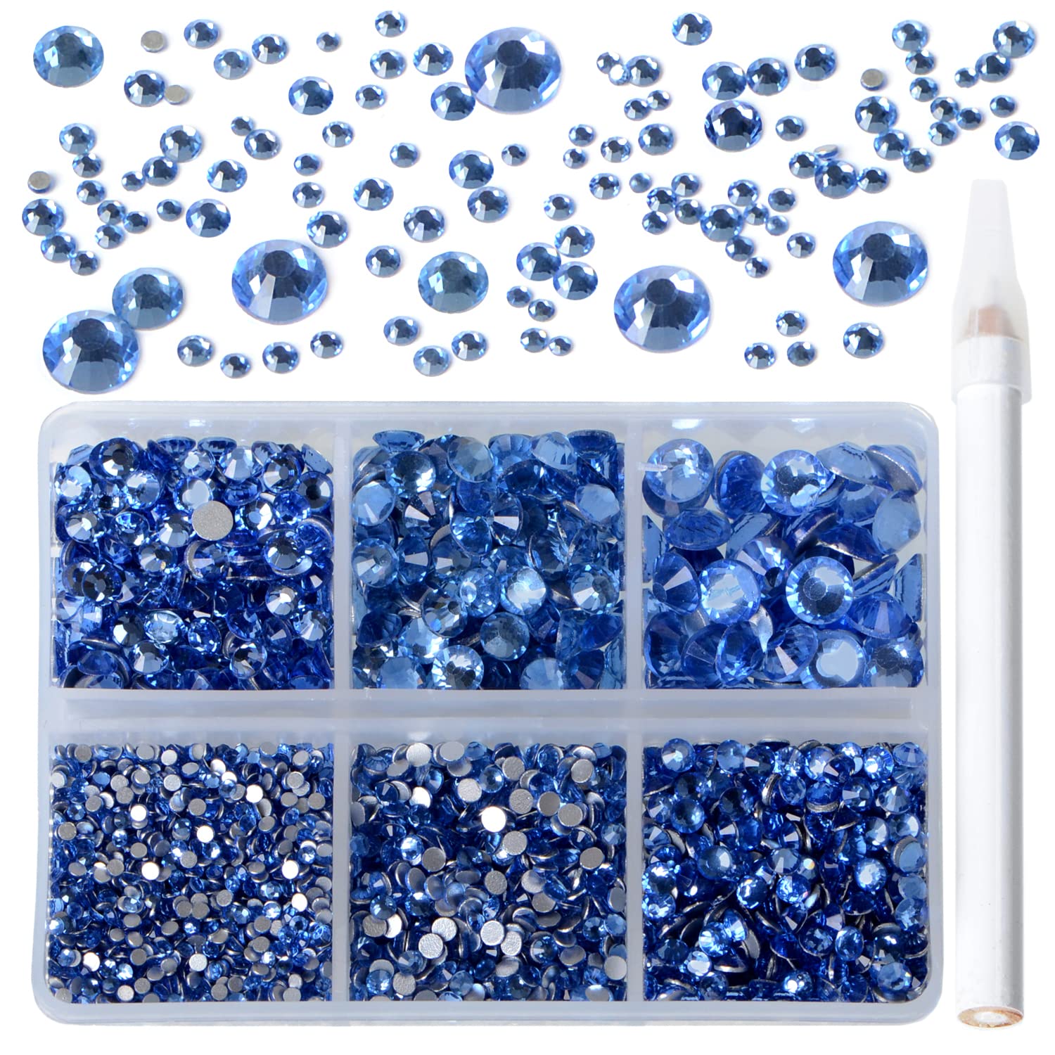 Bymitel 5000 Pieces 6 Mixed Sizes Glue Fix on Glass Rhinestones Round Crystal Gems Flatback for DIY Jewelry Making with one Picking Pen(6-Sizes 5000PCS, Lt. Sapphire)